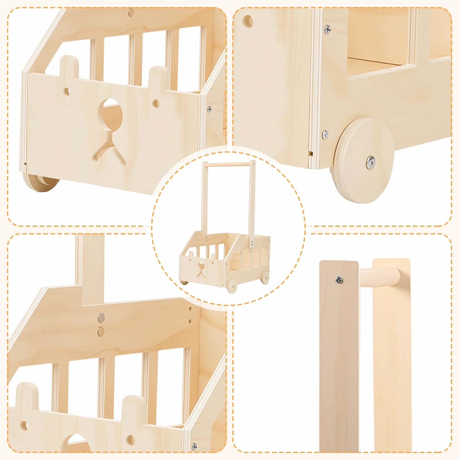 Cesto Nascita Bimbo in Legno con Ruote, Maniglia e 5 Grucce, Cesto Regalo Organizzatore per Prodotti Neonato, Idea Regalo Nascita e Regalo Baby Shower, Design Orsetto per Cameretta