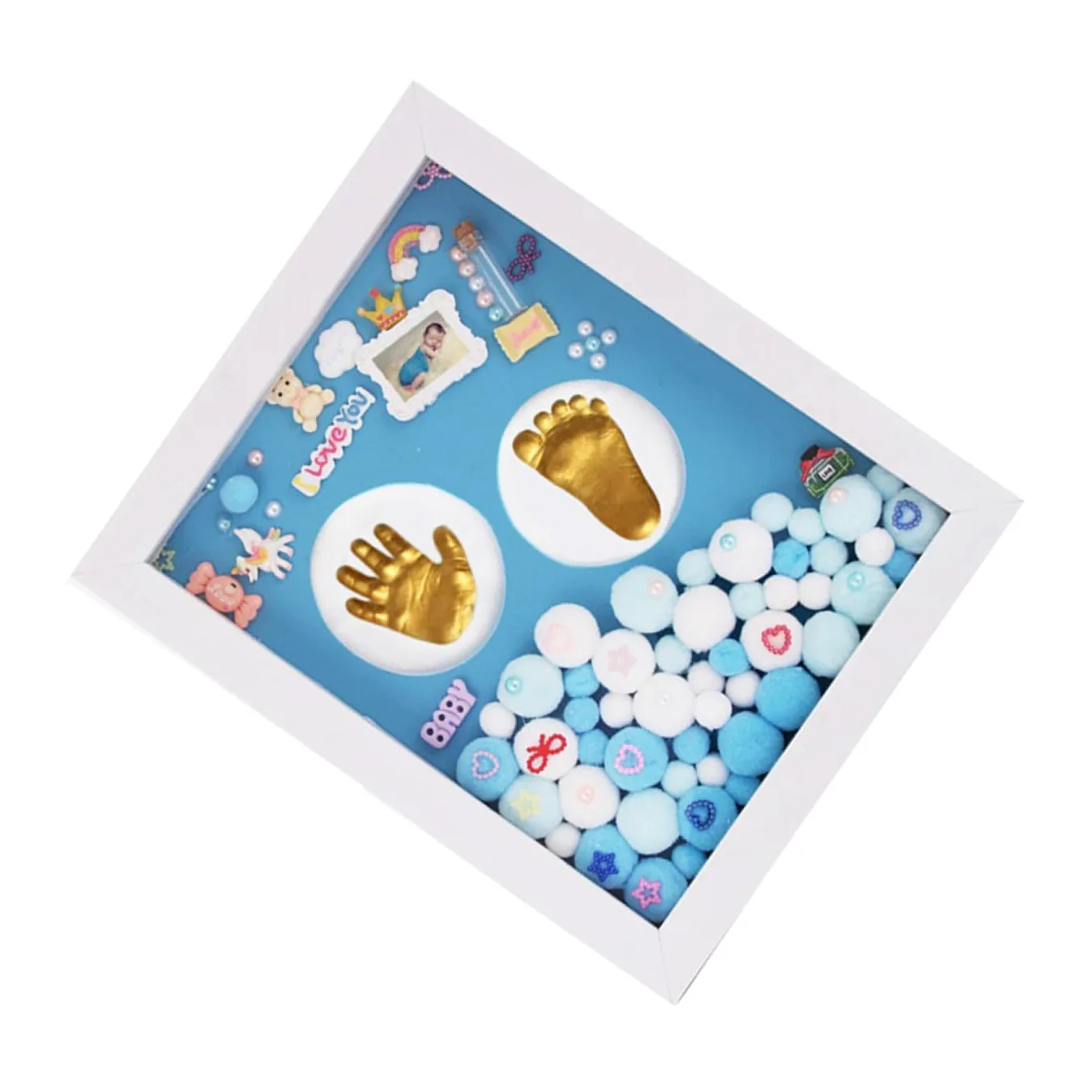 Cornice Portafoto Impronta della Mano e Piede del Set Ricordo Battesimo in Acrilico Resistente Confezione Regalo Blu per Genitori e Neonati