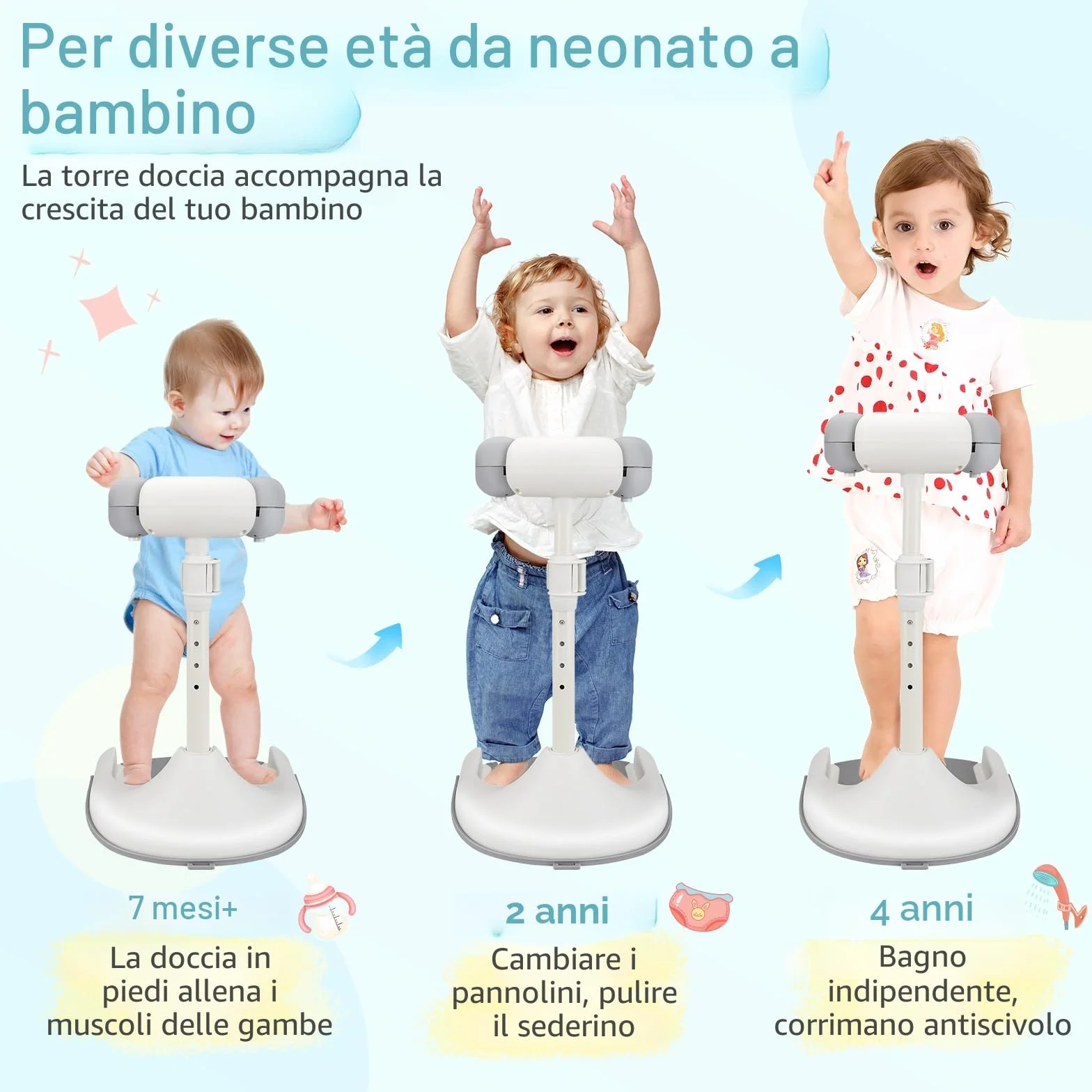 Supporto Doccia Bambini In Piedi,Altezza Regolabile,Con Base Antiscivolo,Supporto Doccia Bambini In Piedi Per 8 A 36 Mesi
