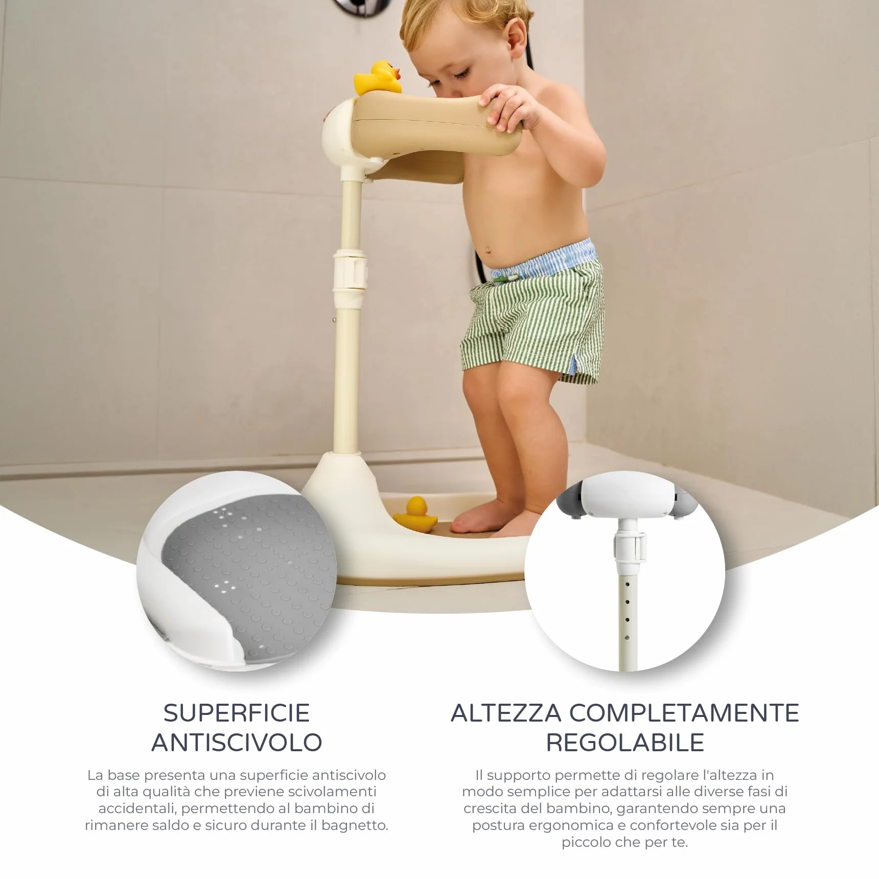 Ms BabyWorld - Supporto per vasca da bagno e doccia, con base antiscivolo, altezza e larghezza regolabile, pieghevole - Torre regolabile per bambinI - Aiuta il passaggio alla doccia in piedi (Grigio)
