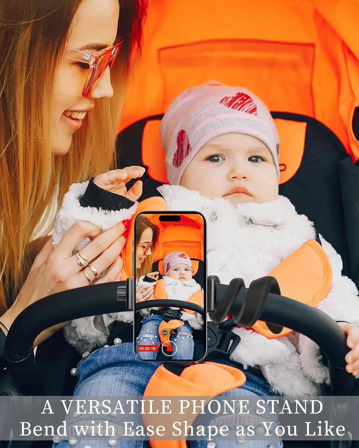 Supporto Cellulare per Passeggino, Flessibile Porta Cellulare per Passeggino con Impugnatura per Braccio Antiscivolo Lega Morbida Morsetto per Telefono per Passeggino Scrivania