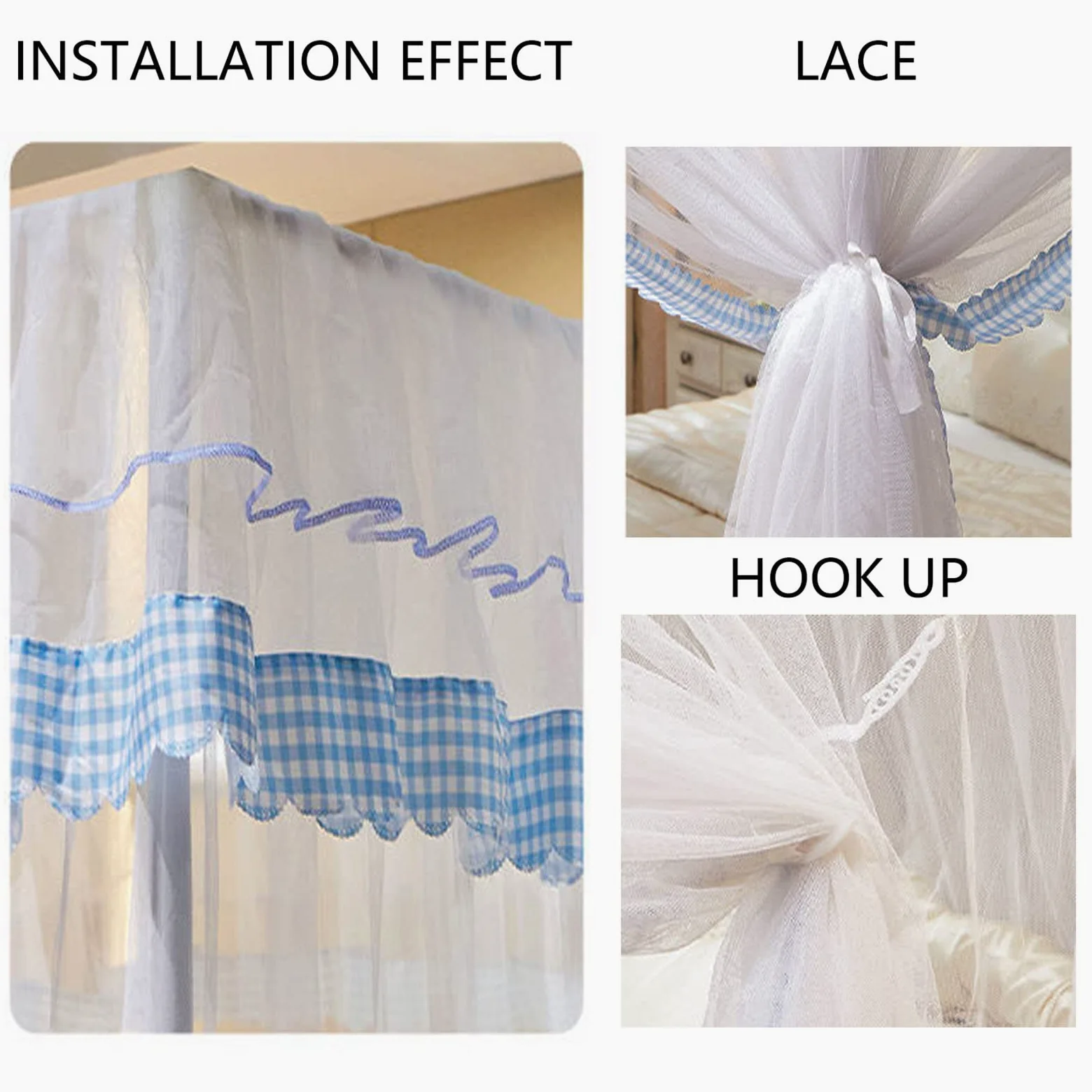 Generisch Zanzariera per letto matrimoniale, universale, quadrata, con telaio in acciaio inox e 3 aperture laterali, baldacchino, zanzariera per viaggi a casa