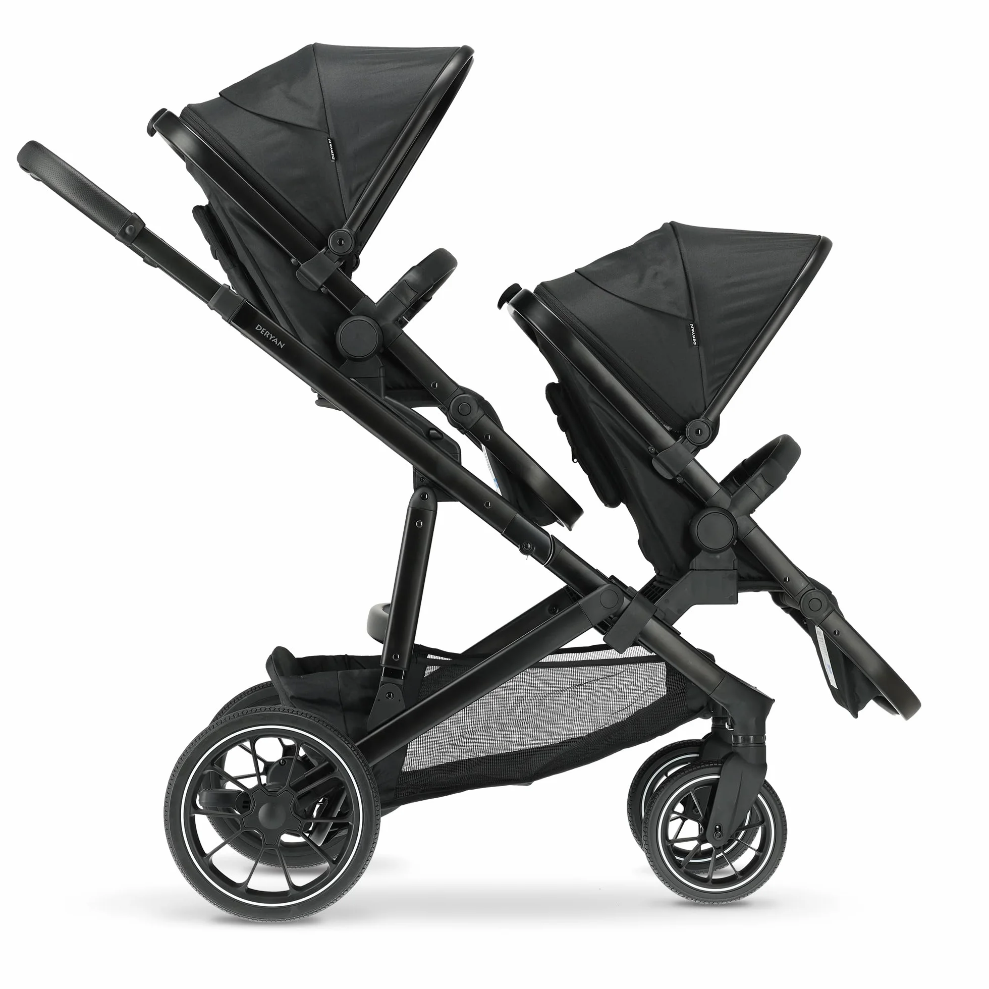 Deryan Evy V2 Passeggino per 2 bambini, Duo Tandem, 0-4 anni, doppio Duett, per neonati e bambini in età prescolare, carrozzine fino a 50 kg, passeggino, passeggino da viaggio 2 in 1, Nero con zecca