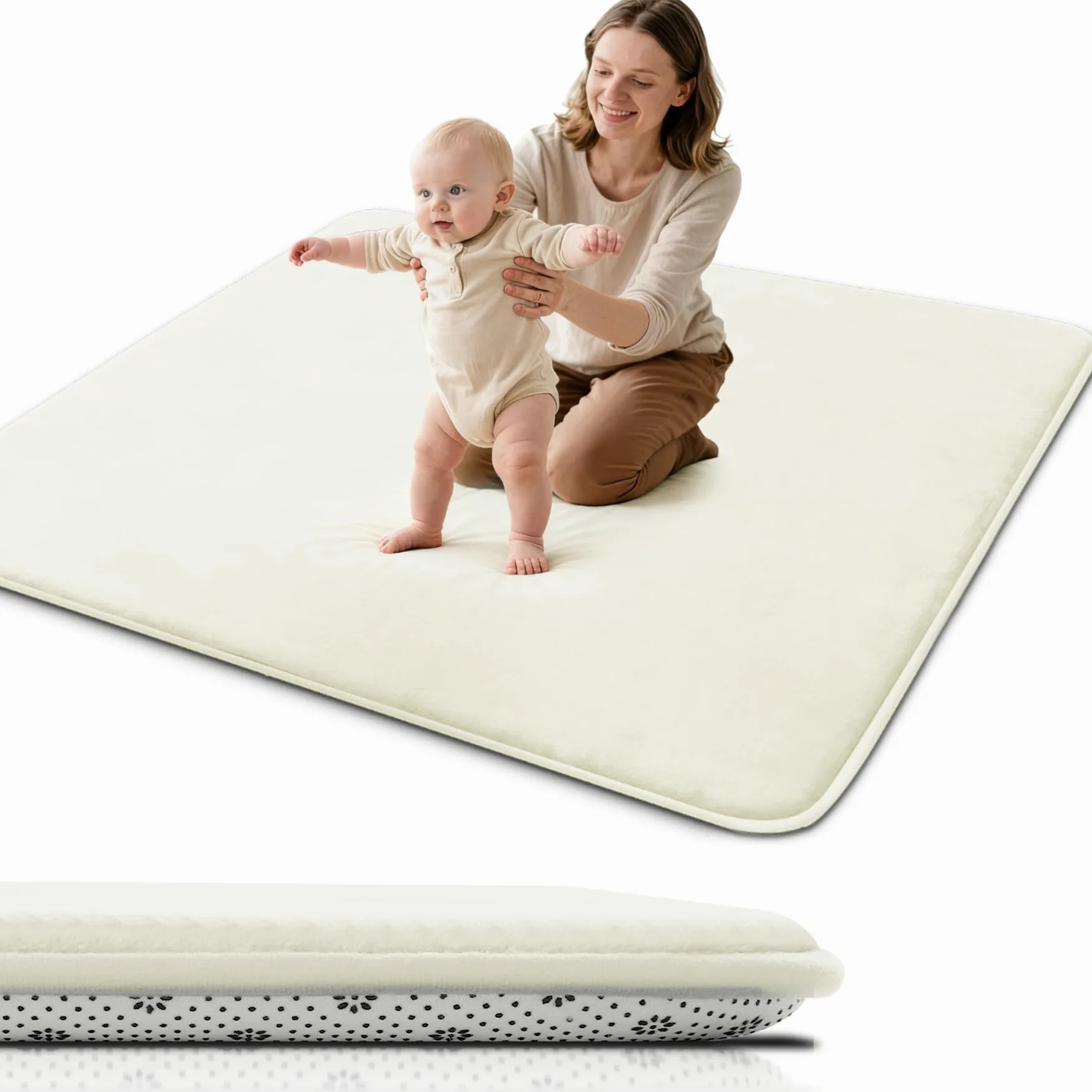 Tappeto Gioco Bambini,Spessi Tappeto Gioco Base Antiscivolo | Neonato Imbottitura In Foam & Superficie Morbida,Facile Da Pulire,Tappeto Tummy Time Per Cameretta Recinto ,127x127cm,Beige