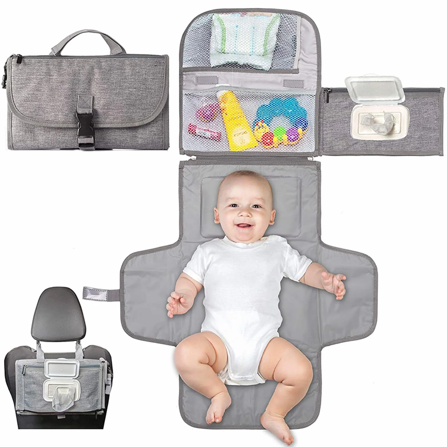 JSTHHTT Fasciatoio Portatile Pieghevole e Impermeabile, Fasciatoio Portatile, Dispenser Salviette e un Comodo Cuscino, Riutilizzabile Lavabile In Lavatrice, Viaggio e Regalo Battesimo (Grigio)