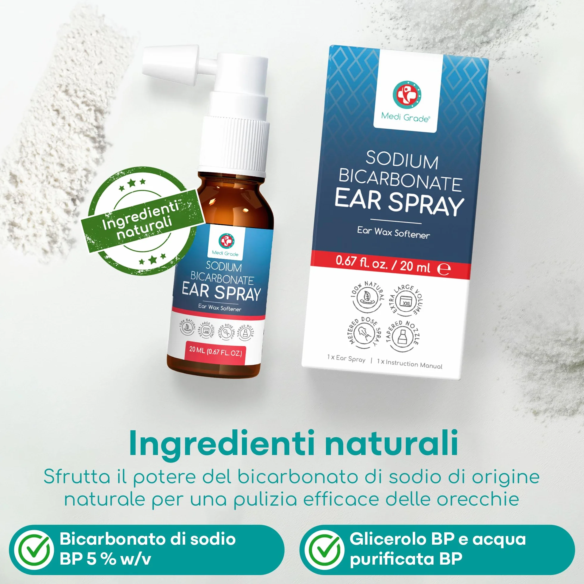 Medi Grade Spray Auricolare per Rimozione del Cerume – Pulizia Orecchie con Bicarbonato di Sodio Naturale per Orecchie Bloccate – 20ml con oltre 50 Spruzzi per Applicazione Facile e Cura Delicata