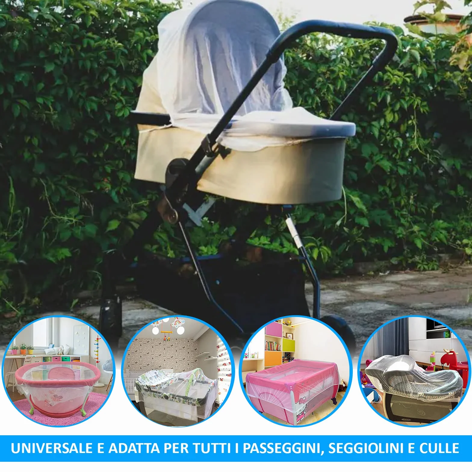 Zanzariera Universale per Passeggino, 4 in 1, Carrozzina e Culla Neonato. Protezione contro zanzare, vespe e altri tipi di Insetti. Lavabile e Traspirante