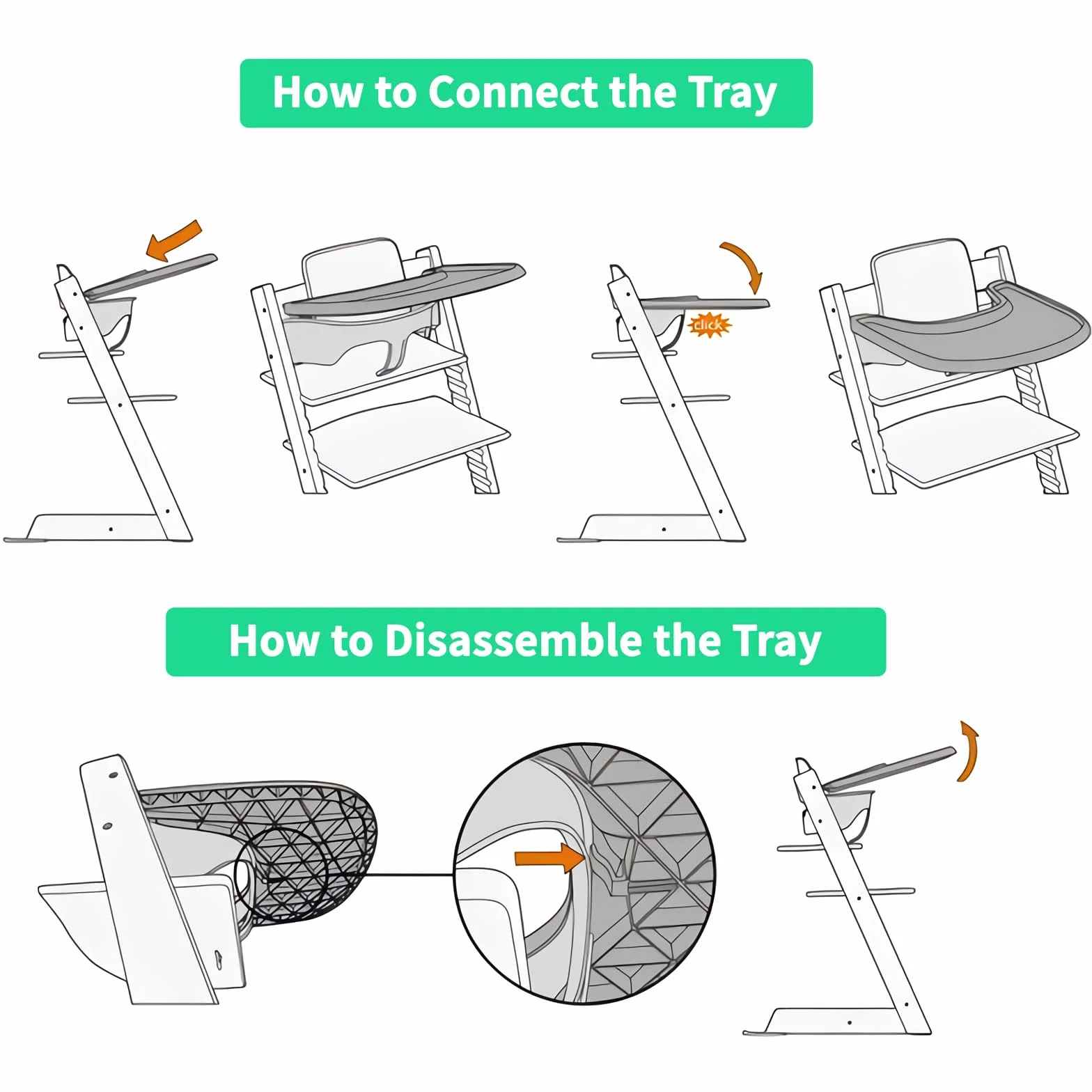 Vassoio compatibile con sedia Stokke Tripp Trapp,vassoio per seggiolone, accessori per seggiolone per bambini 6-36 mesi, fissaggio a clic rapido al seggiolone, antiscivolo, lavabile (Grigio)