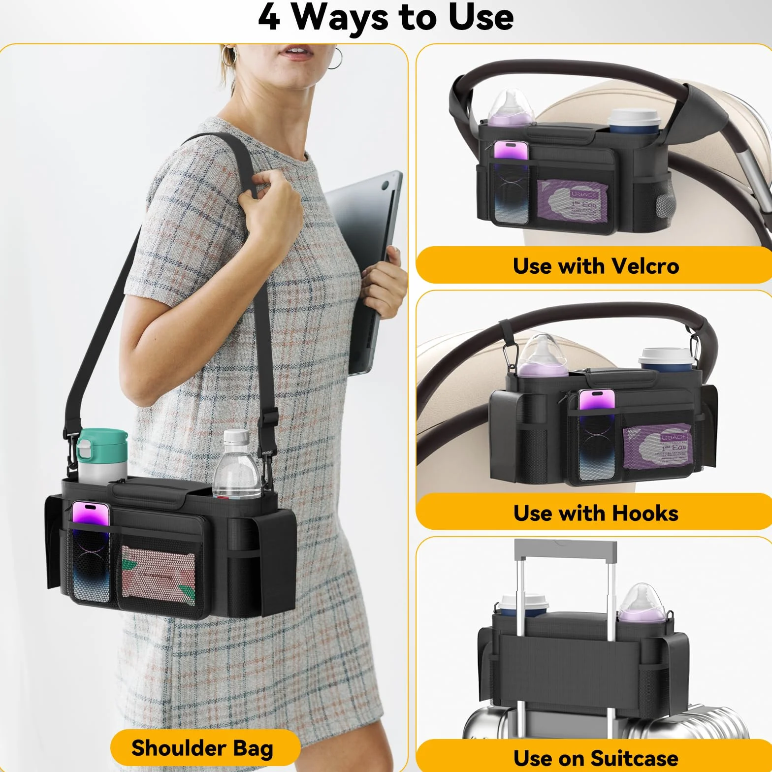 KDD Borsa Passeggino con Portabicchieri Isolato, Borsa per Passeggino con Tasca da Polso e Tracolla Staccabili, Organizer per Passeggino Universale, Borsa Carrozzina Neonato per Uppababy, Doona, Nuna