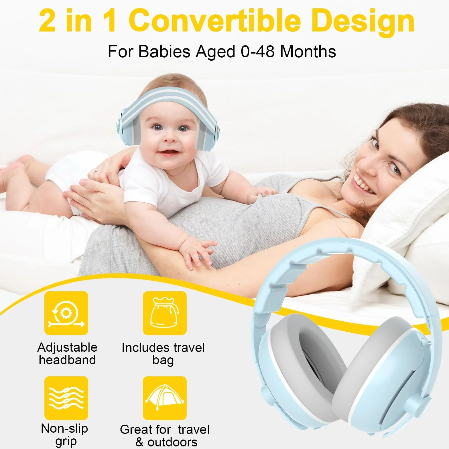 Robofun 2 in 1 Cuffie Neonato Antirumore, Protettori Acustici per Neonati -25dB, Fasce Regolabili, Protezione Acustica Ideale per Neonati fino a 48 Mesi, Confortevoli