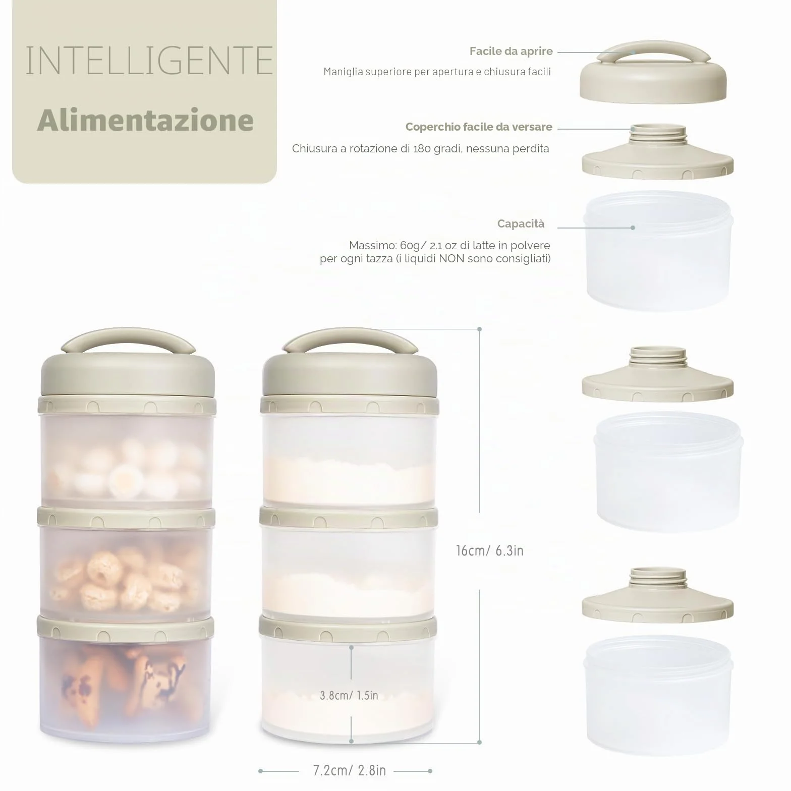Termichy Dispenser per latte in polvere per neonati, impilabile, confezione da 2 (grigio caldo)