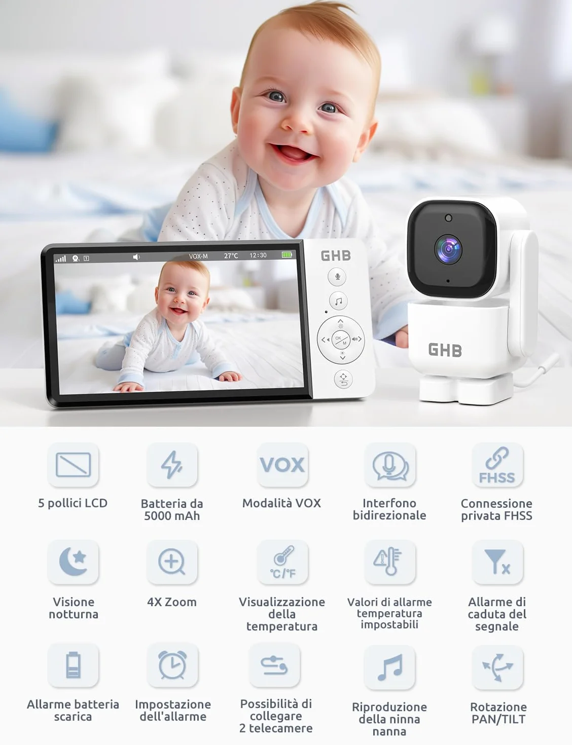 GHB Baby Monitor Video e Audio 5'' 720HD IPS 5000mAh Schermo, 350° Telecamera Rotante, Rilevamento della Temperatura, Interfono Bidirezionale, VOX, Visione Notturna, Ninne Nanne