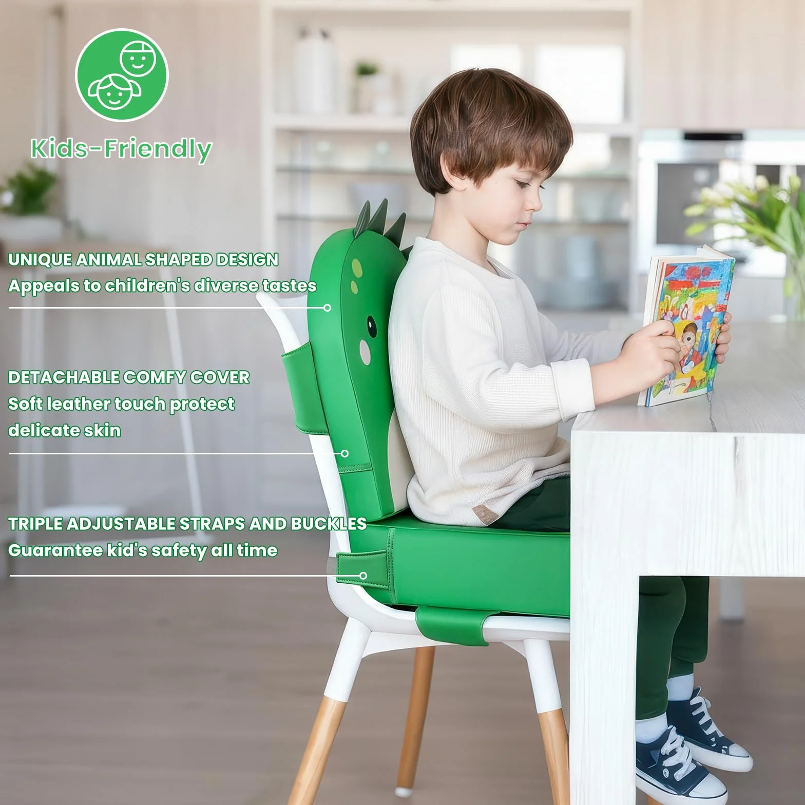 Rialzo Sedia per Bambini 2 Pezzi, 10cm PU Portatile Alzasedia Da Tavolo, Cuscino Sedia, con Cinghie Regolabili per Seggioloni Alza Sedia - Dinosauro Verde