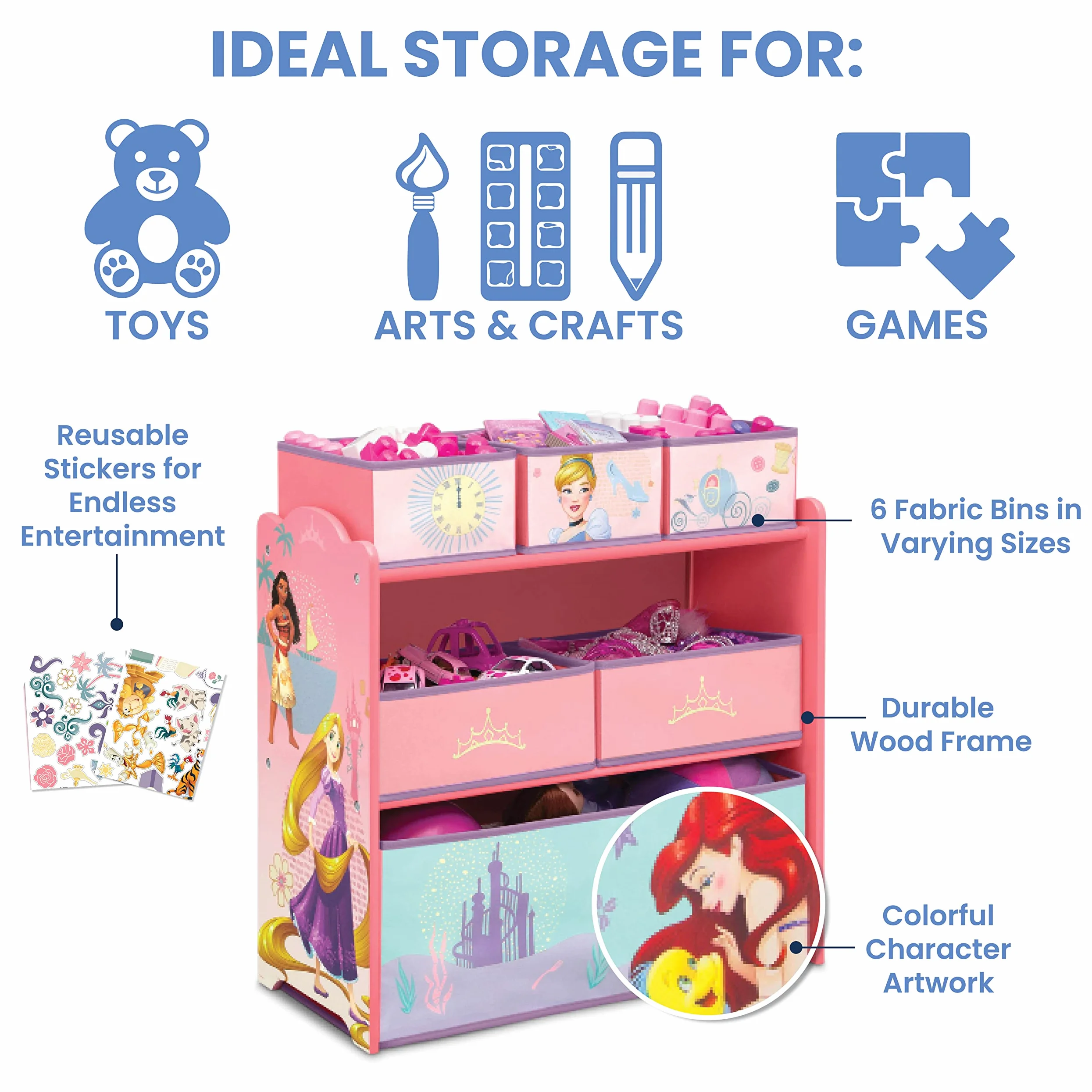 Delta Children Design & Store - Organizer per giocattoli con 6 pattumiere, motivo: Principesse Disney