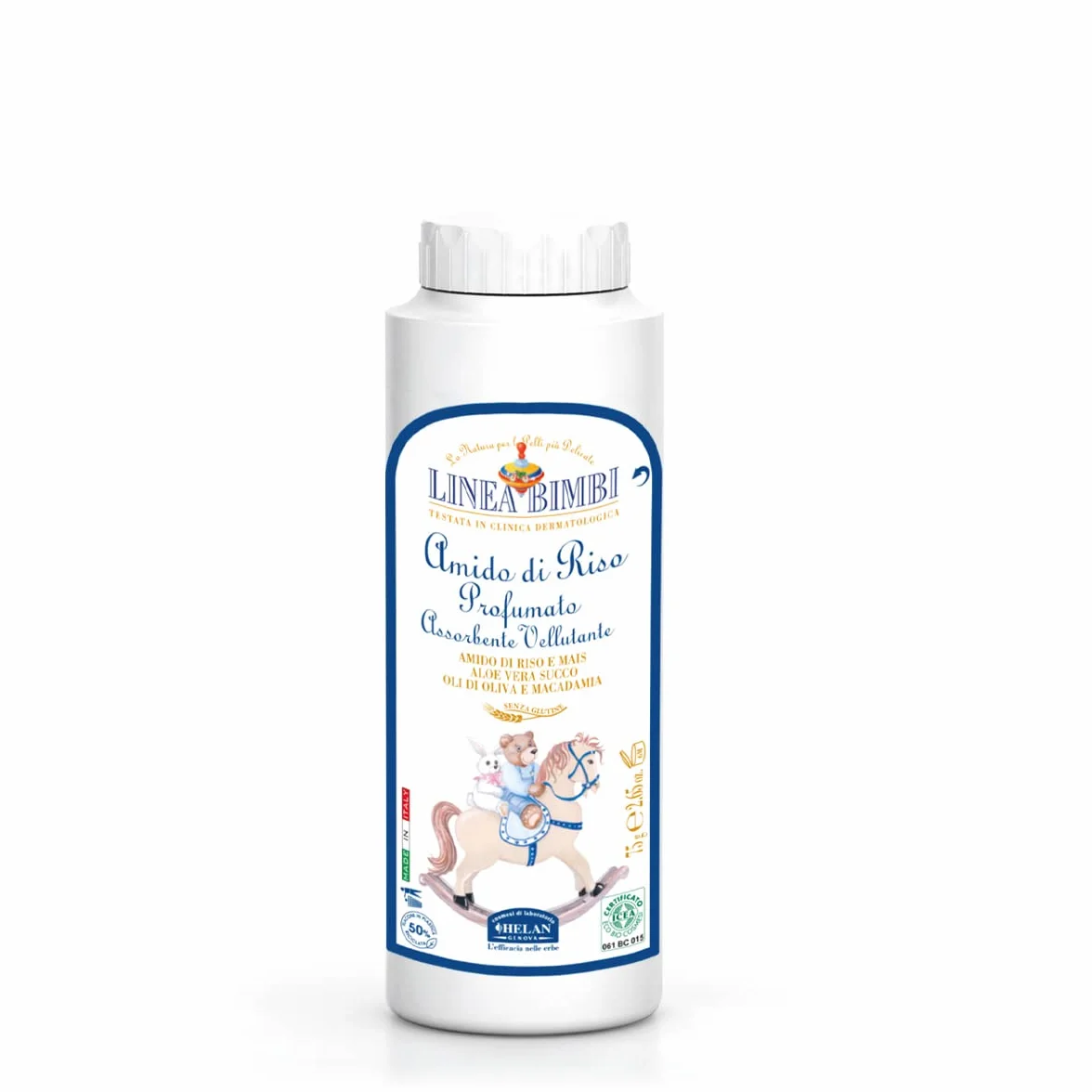 Helan, Linea Bimbi Bio, Amido di Riso Bagnetto Neonato, Talco Profumato in Polvere per Bambini e Neonati - Rinfrescante, Idratante, Lenitivo - Contro Arrossamenti e Irritazioni, con Aloe Vera - 75 g