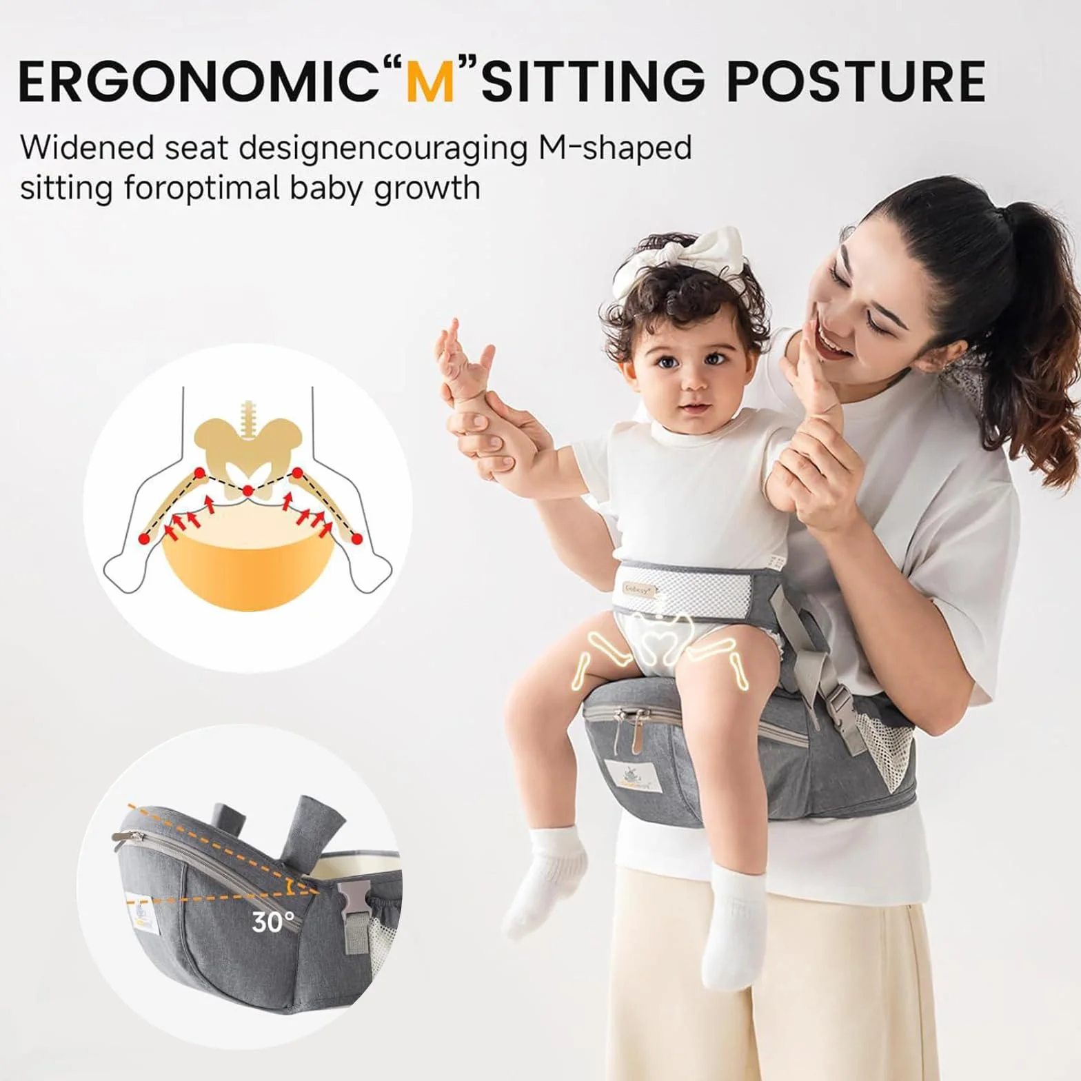 Seggiolino ergonomico con cintura di sicurezza in puro cotone traspirante 0-36 mesi (grigio scuro)