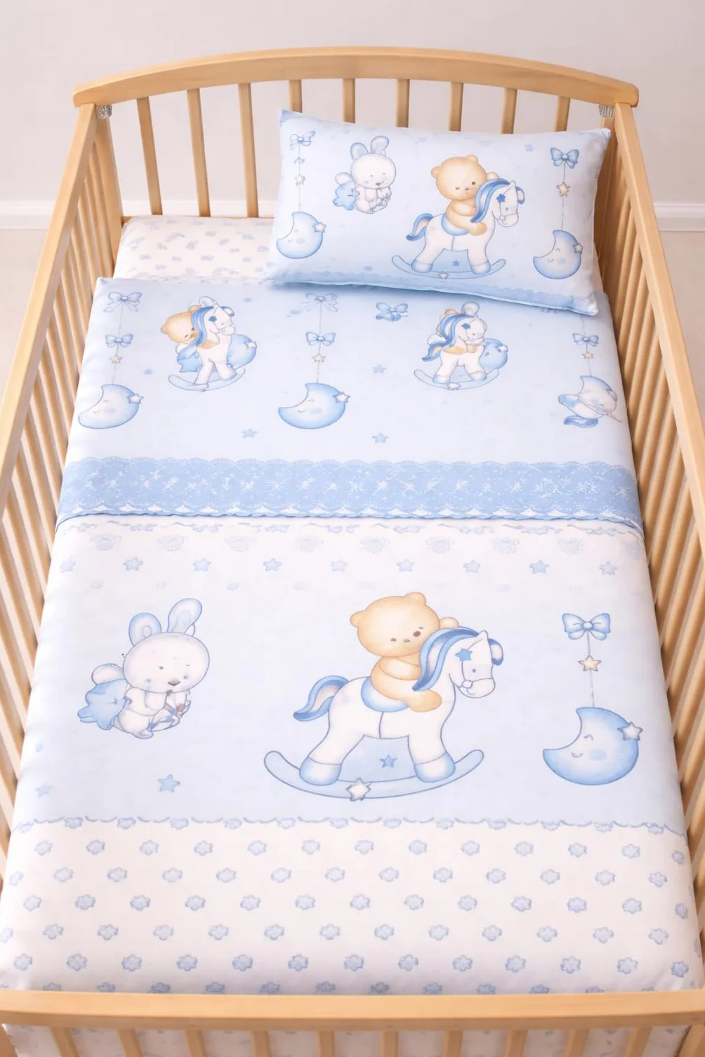 Corredocasa Completo Lenzuola Neonato per Culla Stampato Made in Italy, Disegni Assortiti Disponibile in Diversi Materiali Cotone Flanella (Celeste, Cotone)