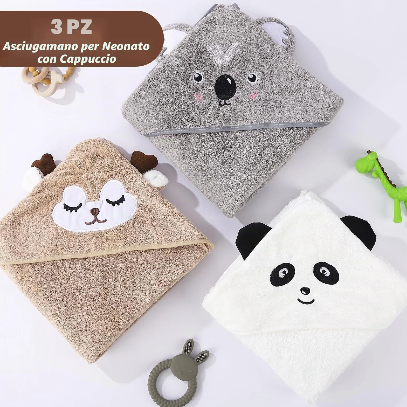 3 asciugamani da bagno con cappuccio per bambini, asciugamano per bebè, asciugamano per neonato, asciugamano da bagno per piscina, 80 x 80 cm, mantello da bagno 0-5 anni, cachi, bianco, GR