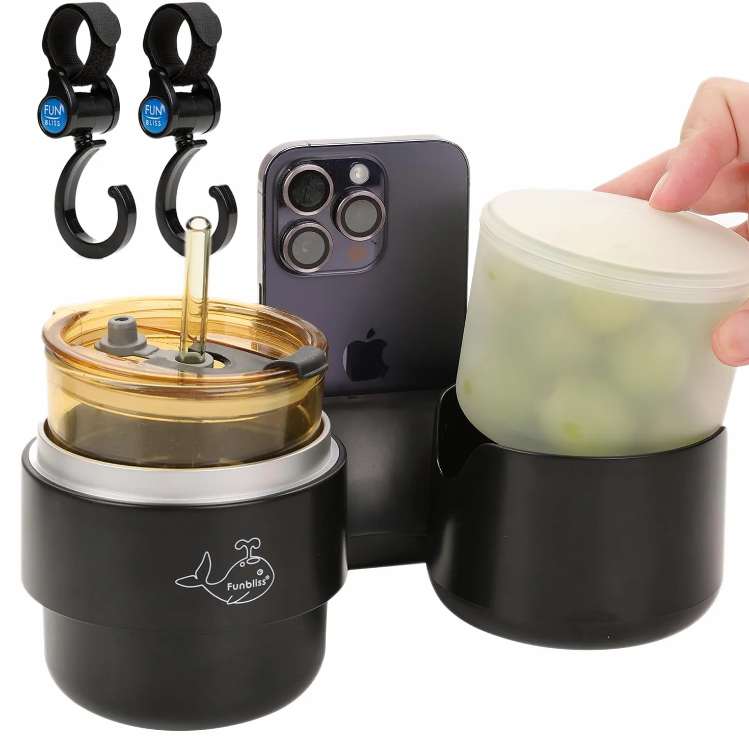 Portabicchieri per Passeggino,3 in 1 Vassoio per La Merenda Del Passeggino,Con 2 Ganci Per Passeggino e 1 Scatola Per La Raccolta di Snack Individuali，Con Supporto Per Telefono Cellulare