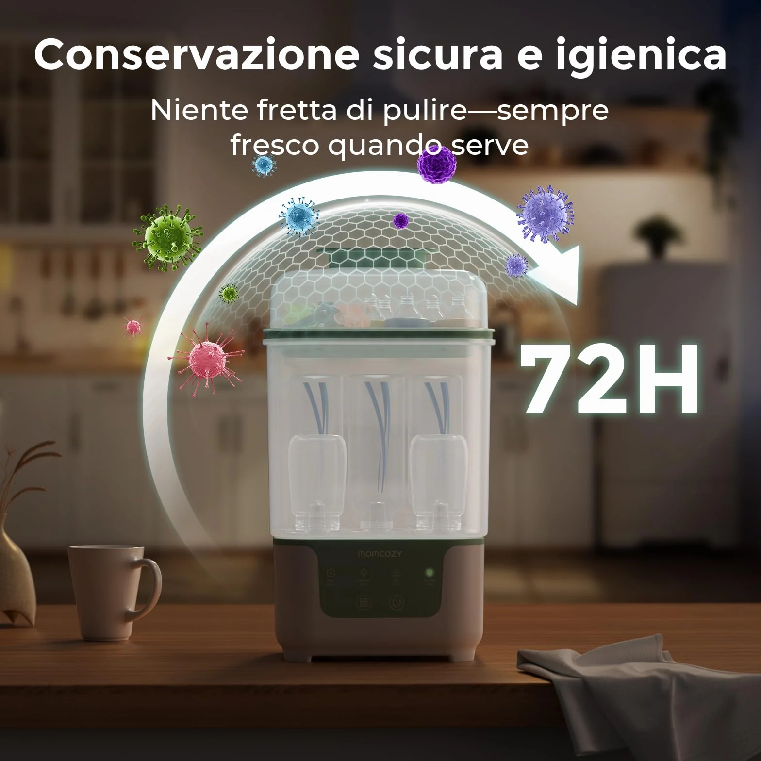 Momcozy Sterilizzatore e Asciugatrice per Biberon, Capacità 6 Biberon, Sterilizzatore Compatto 4 in 1 per Biberon, Parti per Tiralatte e Articoli Essenziali per Neonati, Stendibiancheria Incluso