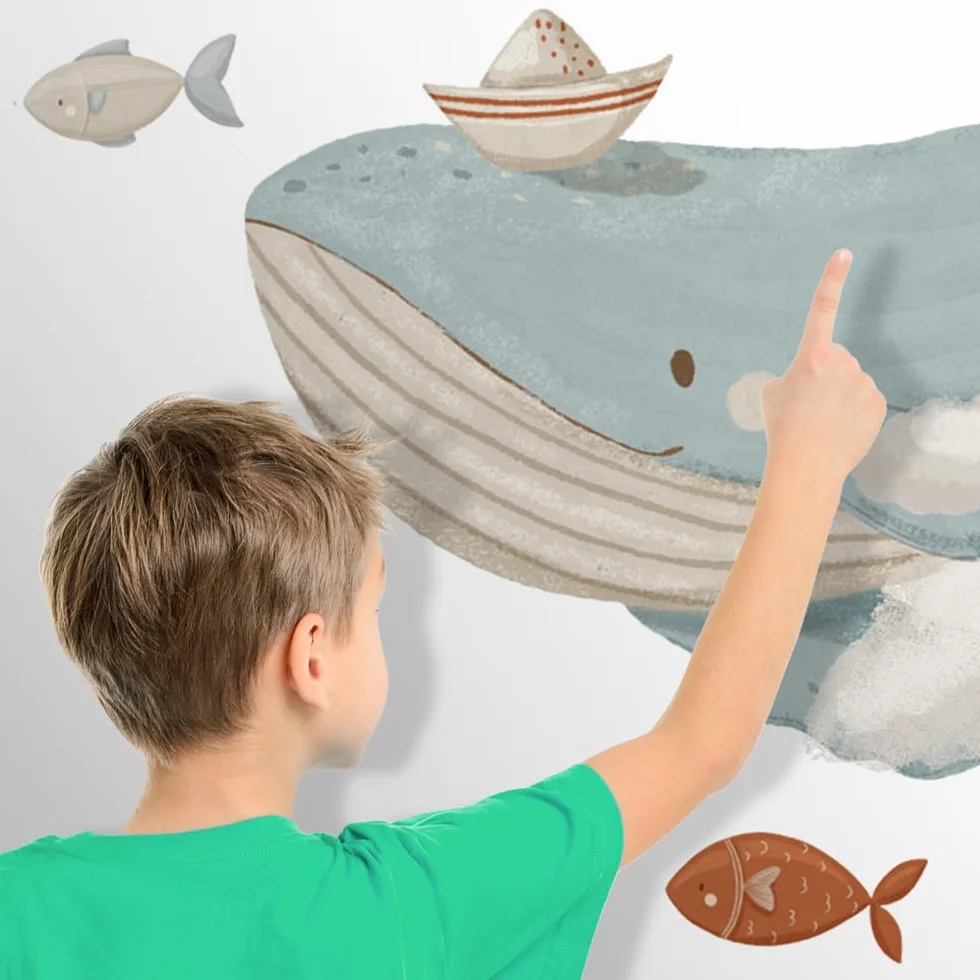 kina - Adesivo Murale Bambini Decorazione Parete Cameretta R00801 - Materiale Eco-Tessuto, Ecologico Anallergico, Riposizionabile, Effetto Carezza, Asilo Nido - Grafica Mare e Misura 120x40 cm