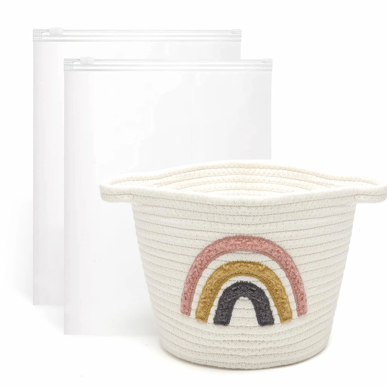 Cesto portaoggetti, in tessuto con corda di cotone, decorazione arcobaleno, per asciugamani, giocattoli, vestiti