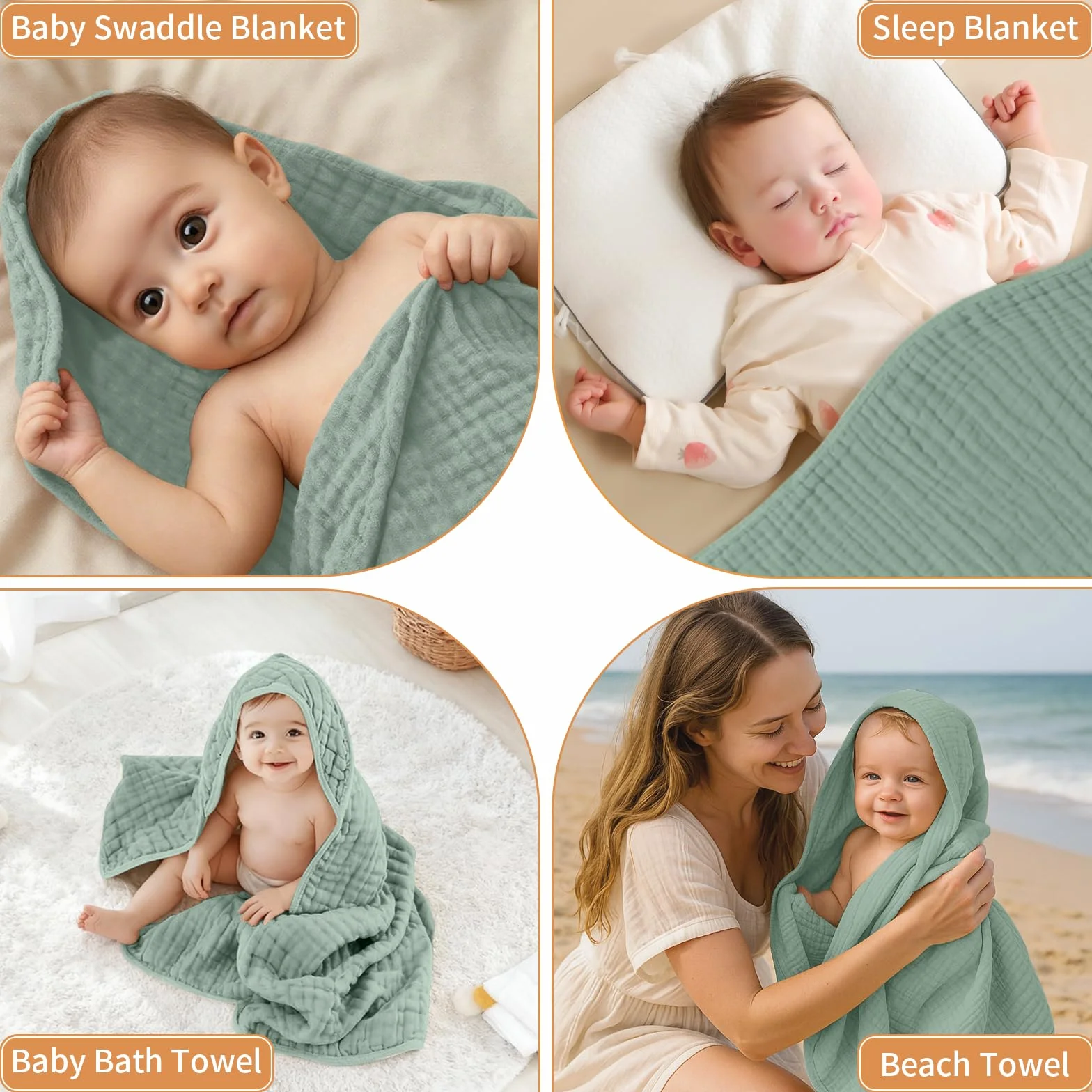 Asciugamano con Cappuccio per Neonati 80 x 80 cm Cotone Mussola Accappatoio Neonato Morbido Super Assorbente Mantella da Bagno per Bambini Asciugamano per Regalo-Verde scuro