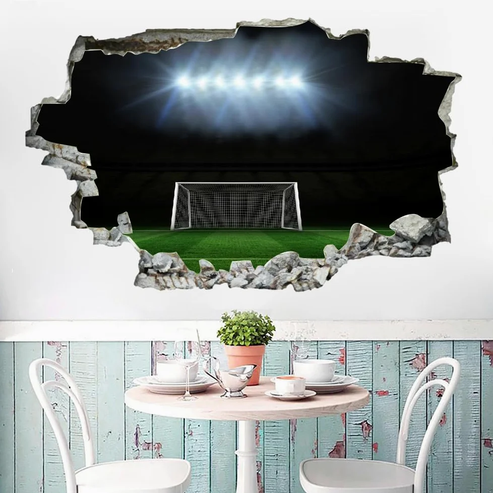 Adesivi Murali Murales Fracassati 3D Campo Da Calcio Decalcomanie Per Pavimenti In Impermeabile Art Gli Sport Per La Camera Da Letto, La Decorazione Della Parete Della Scuola Materna 120x80cm