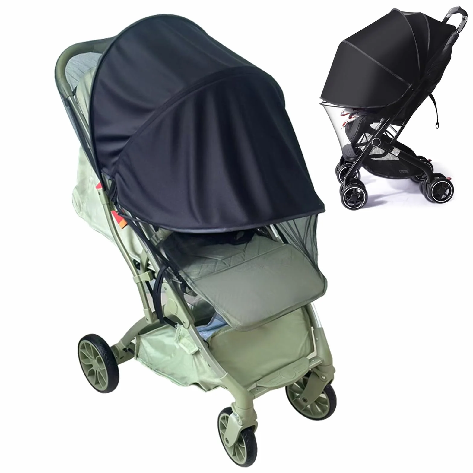 2 in 1 Zanzariera Passeggini Universale, Protezione UV 50+ per Parasole Passeggino,Copri Passeggino Estivo, Antipolvere e Antivento,Nero