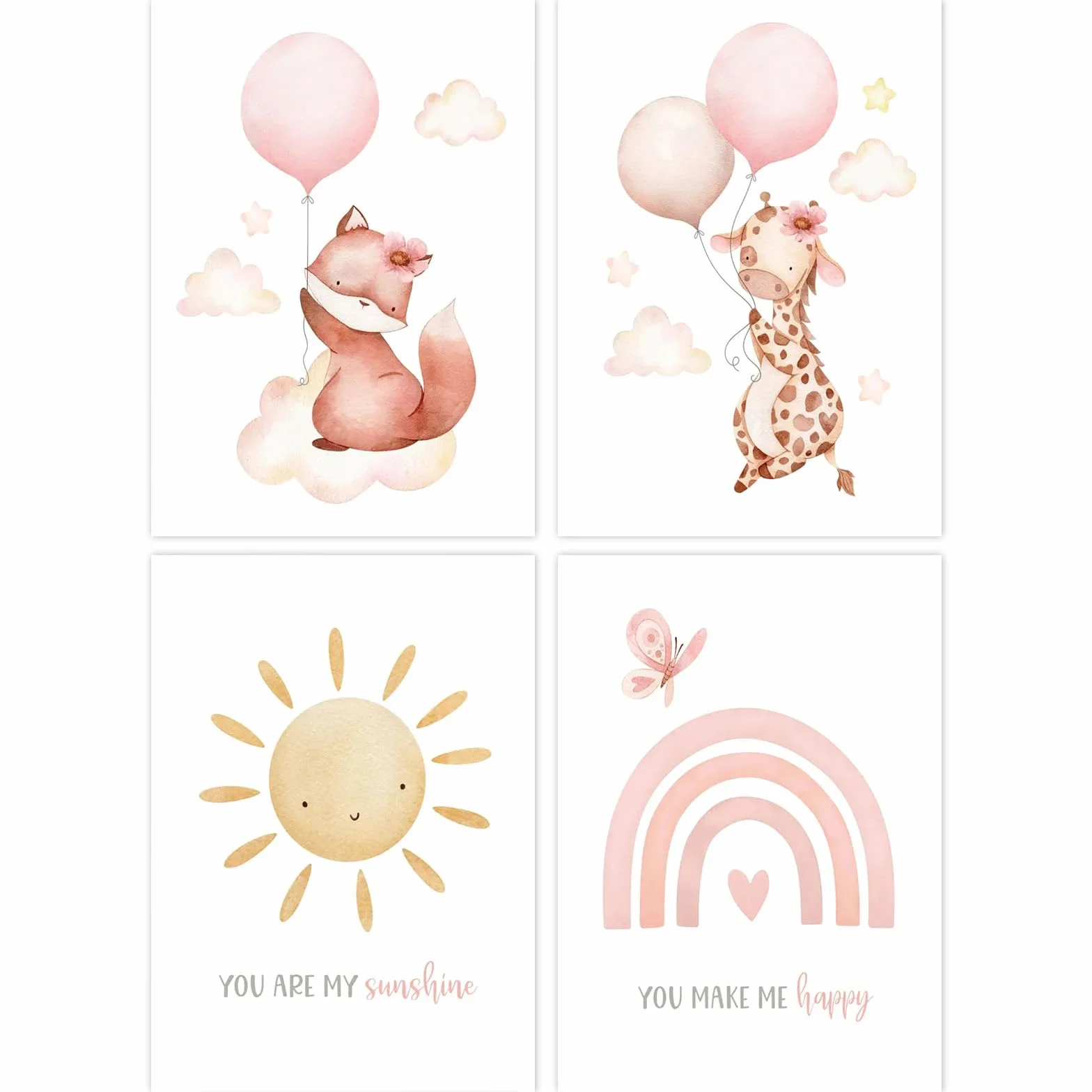 Eclove Set di 4 Poster per Cameretta Bambini - Animali ad Acquerello con Volpe Rosa & Giraffa, Decorazione Murale per Nursery e Cameretta di Bambina, Senza Cornice (21x30 cm A4)