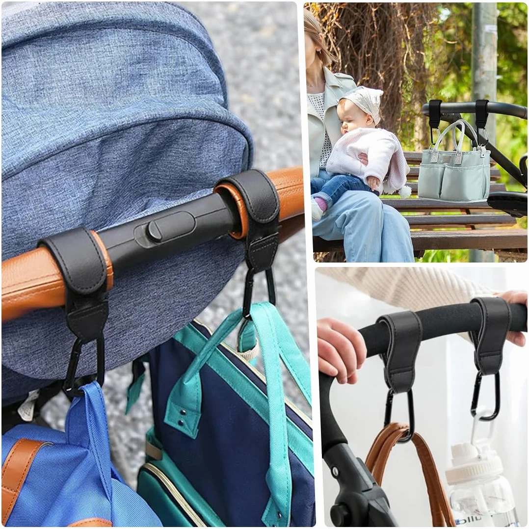2 Ganci in Pelle Nero, Gancio per Passeggino in Pelle per Pannolini, Accessori Universali per Passeggino, per Borse della Spesa, Zaini e Borse a Mano (Nero)