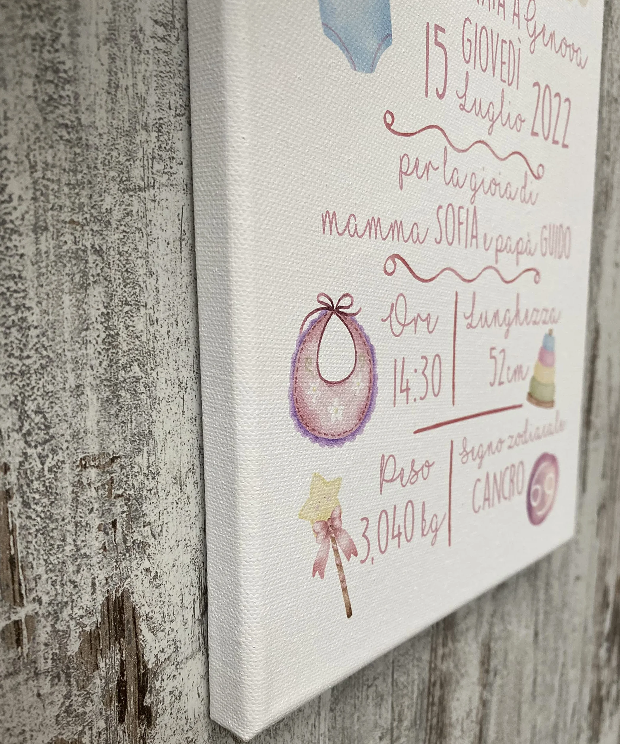 Memotak Quadro in Tela Quadretto Nascita Personalizzato Idea Regalo Bimba Bimbo Neonata Neonato Grafica Arcobaleno 20X30cm (Rosa)