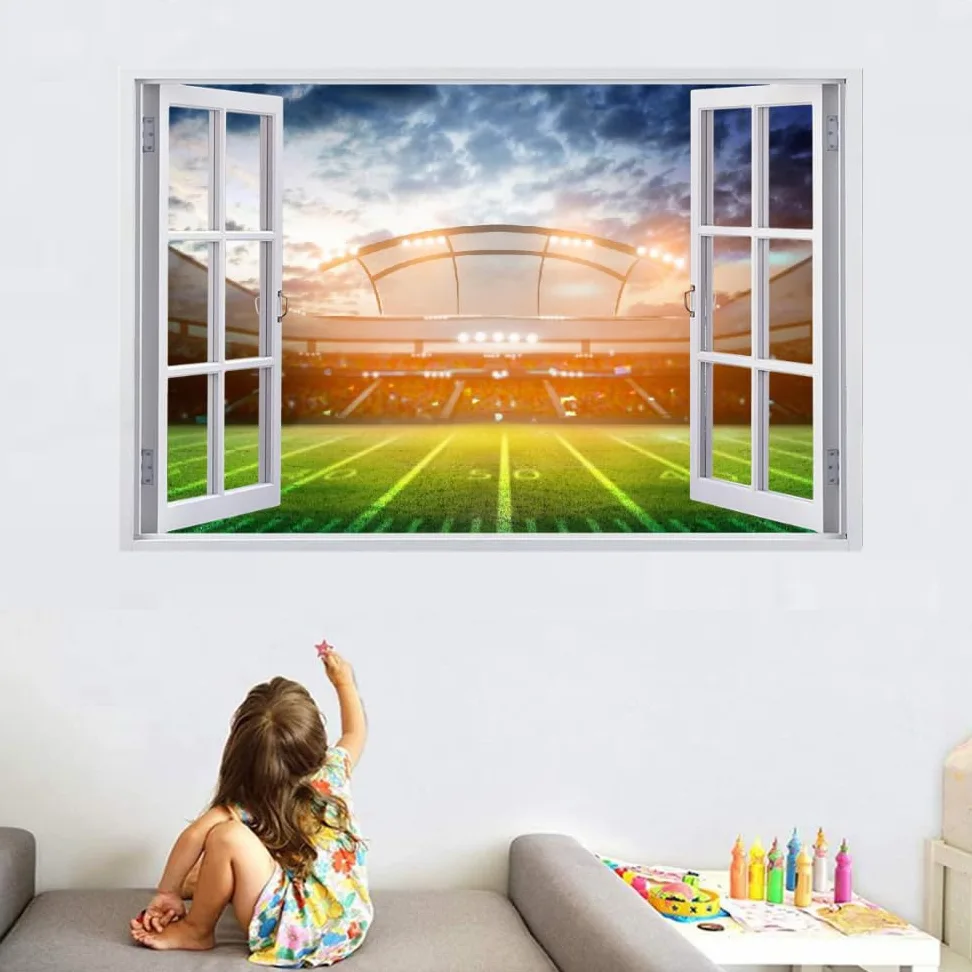 Decalcomania Fracassata 3D, Campo Da Calcio Adesivo Staccabile E Adesivo In Vinile Rimovibile, Sport Del Calcio Tatuaggio Da Parete Ragazze Nursery Room Decor Mural Home Decor 120x80cm