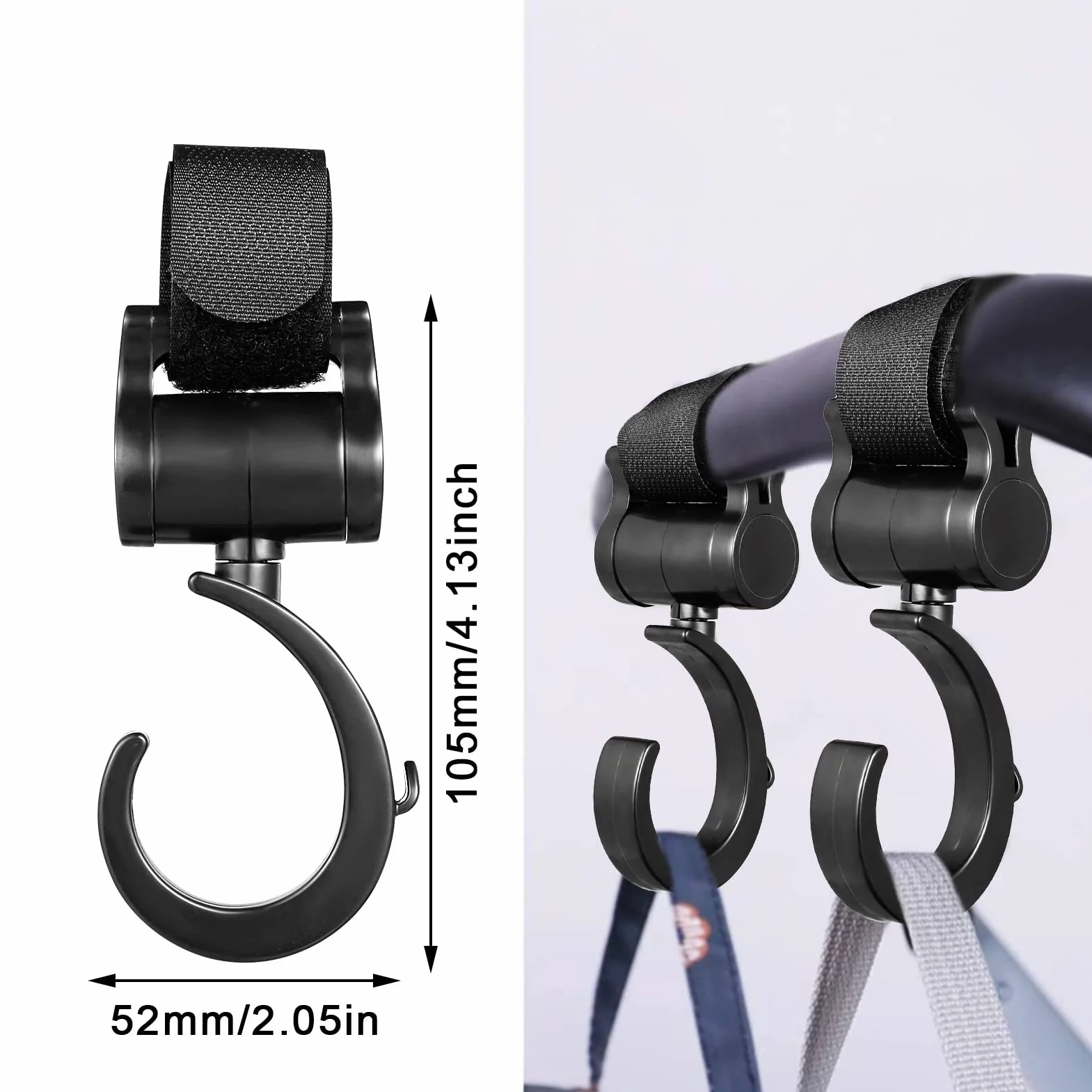 2 Ganci Passeggino Rotanti,Nero Ganci per Passeggino Gancio per borsa della spesa,Universali Passeggino Leggero Rotanti Appendi,Leggero E Resistente