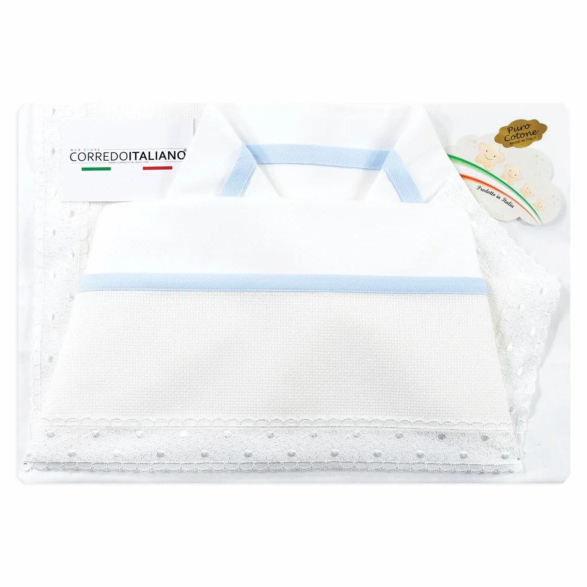 Corredo Italiano - Set Lenzuola 3 Pezzi per Culla/Carrozzina con Tela Aida per Ricami Personalizzati in Puro Cotone 100% Made in Italy (Cielo)