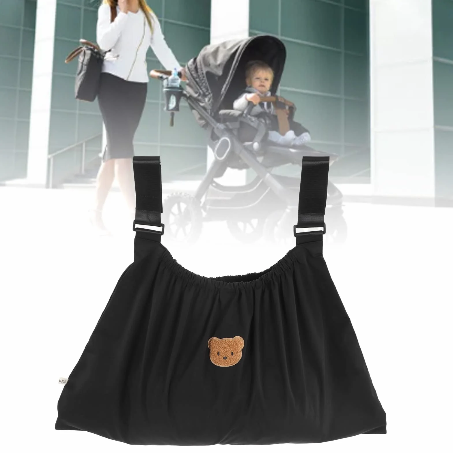 Borsa per Passeggino Impermeabile Resistente Allo Strappo Simpatico Organizer per Passeggino con Motivo a Orso Riutilizzabile per Caricabatterie per Cellulare (Nero)
