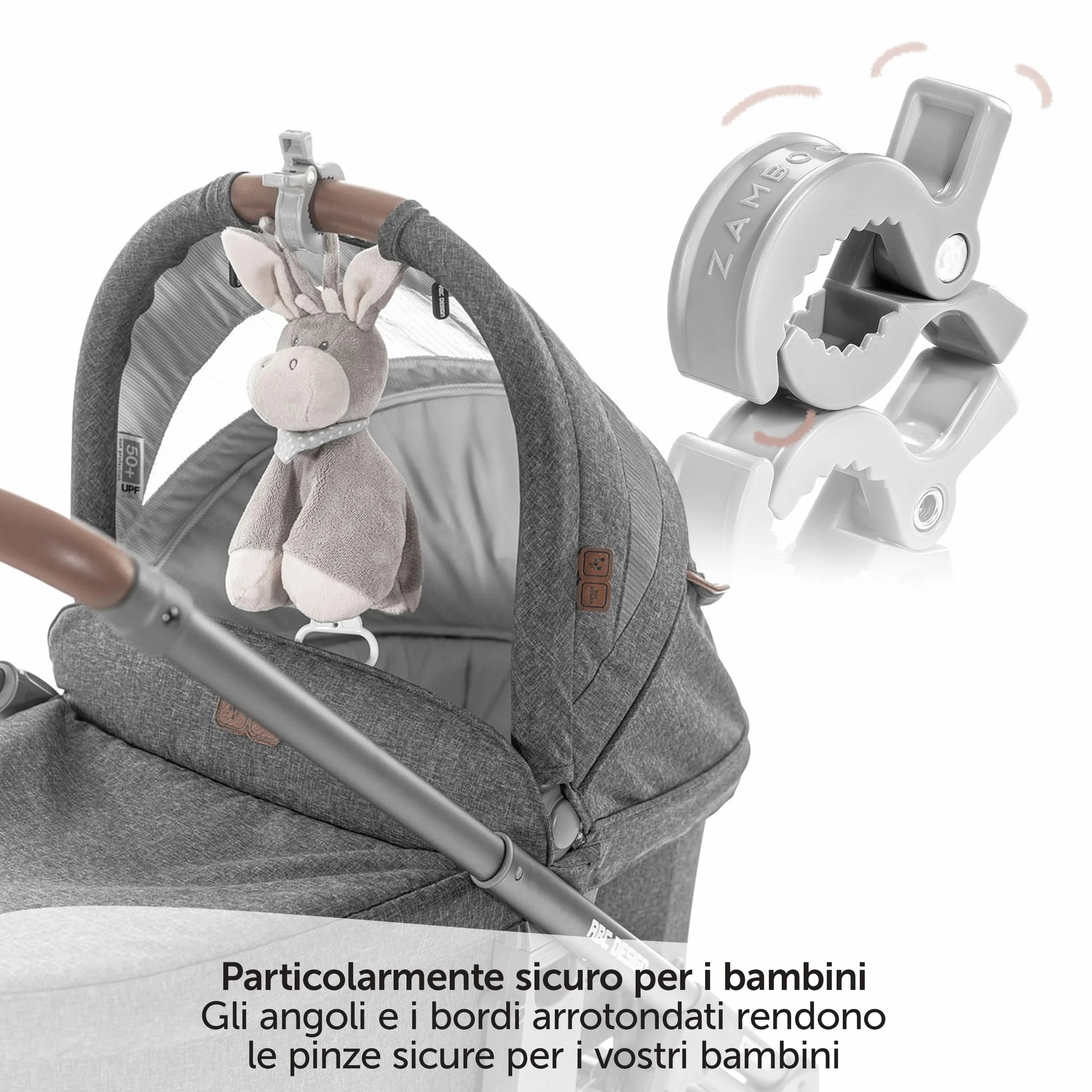 Zamboo Set di Mollette Passeggino - Pacco da 6 Ganci Passeggino Universali per il Fissaggio Facile e Veloce di Accessori Passeggino - Bianco Grigio