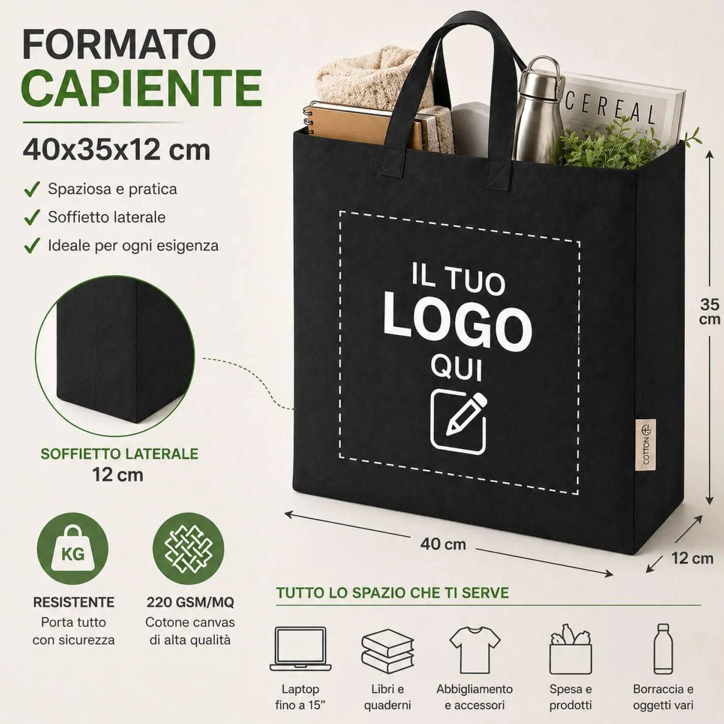 VENEZIANO Shopper personalizzata Canvas 220gsm 40x35x12 cm con Soffietto e Manici Lunghi – Shopper Resistente Riutilizzabile – Personalizzabile per Stampa, Gadget e Uso Quotidiano