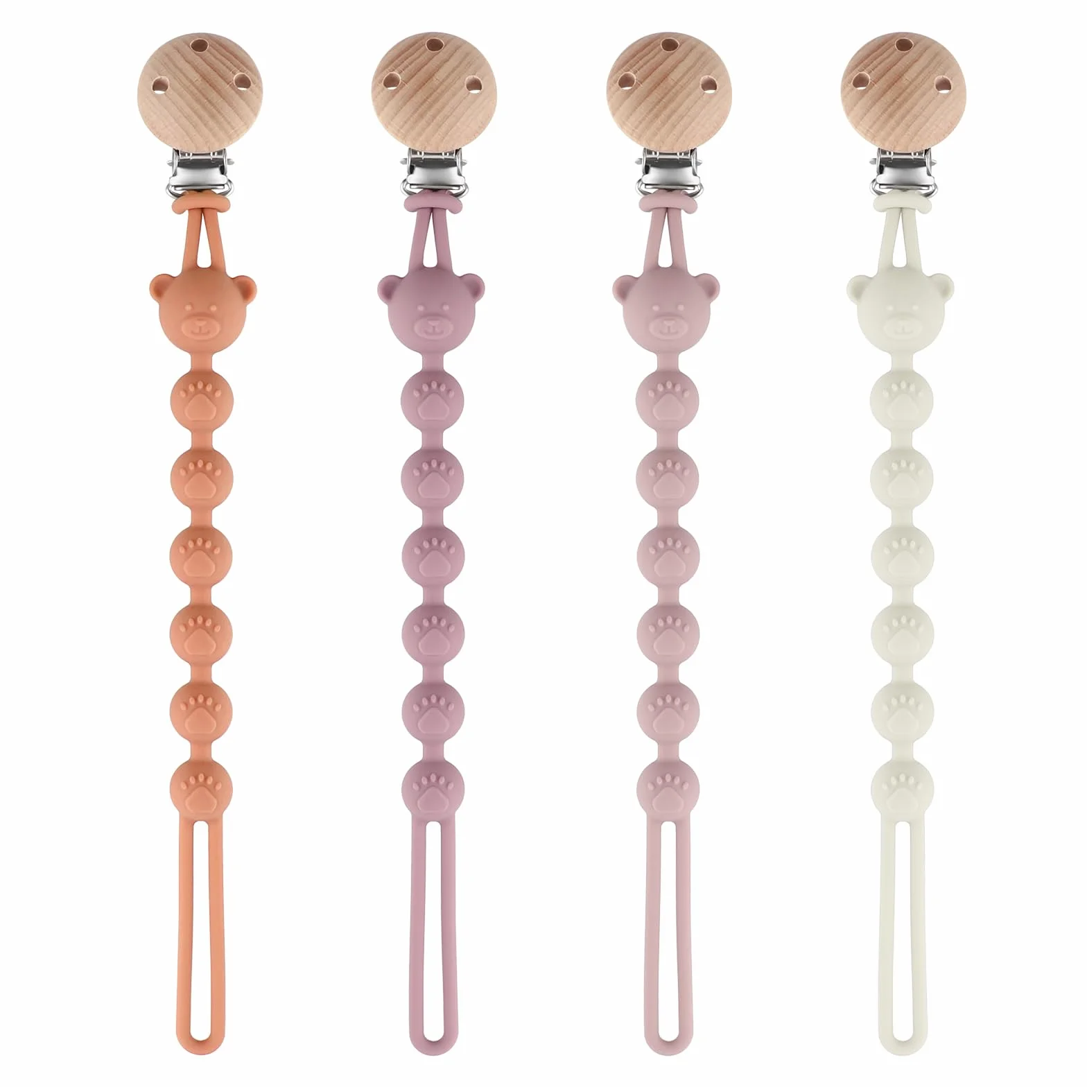 Set di 4 Clip per Ciuccio in Silicone, Clip per Ciuccio in Silicone, Attacco per Ciuccio Bebè, senza BPA, Catena per Allattamento Multifunzionale per Bambini e Bambine (Arancione + Viola +