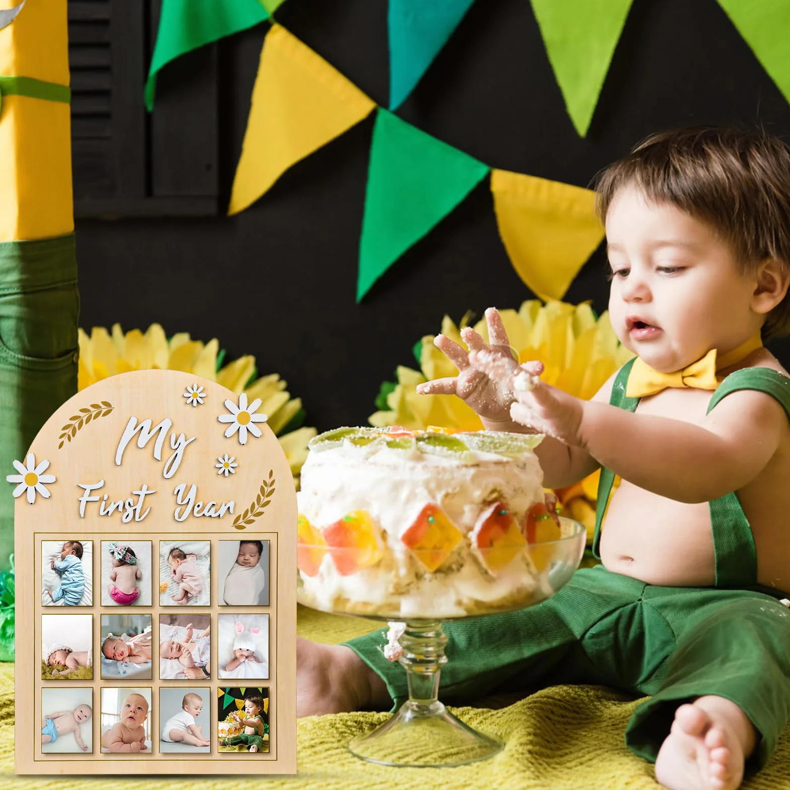 NQEUEPN Cornice per Foto Mio Primo Anno, Fiore Margherita 3D Espositore per Foto Primo Anno di Bambino Banner Fotografico Mensile su Tavola Legno 12 Mesi Regalo per Neonato Ricordi Primo Compleanno