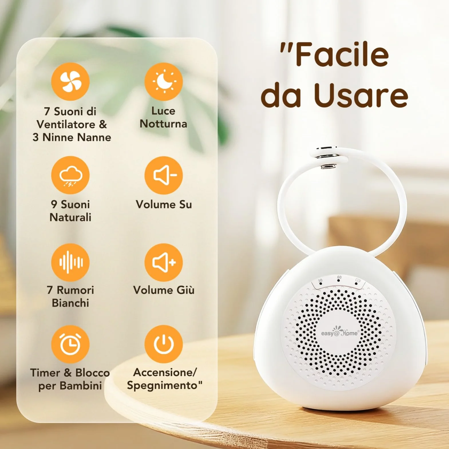 Easy@Home Macchina per Rumori Bianchi Portatile con 30 Suoni Rilassanti, Timer Automatico e Luce Notturna | Ideale per Neonati e Adulti, Generatore di Rumore Bianco per Dormire e Rilassarsi