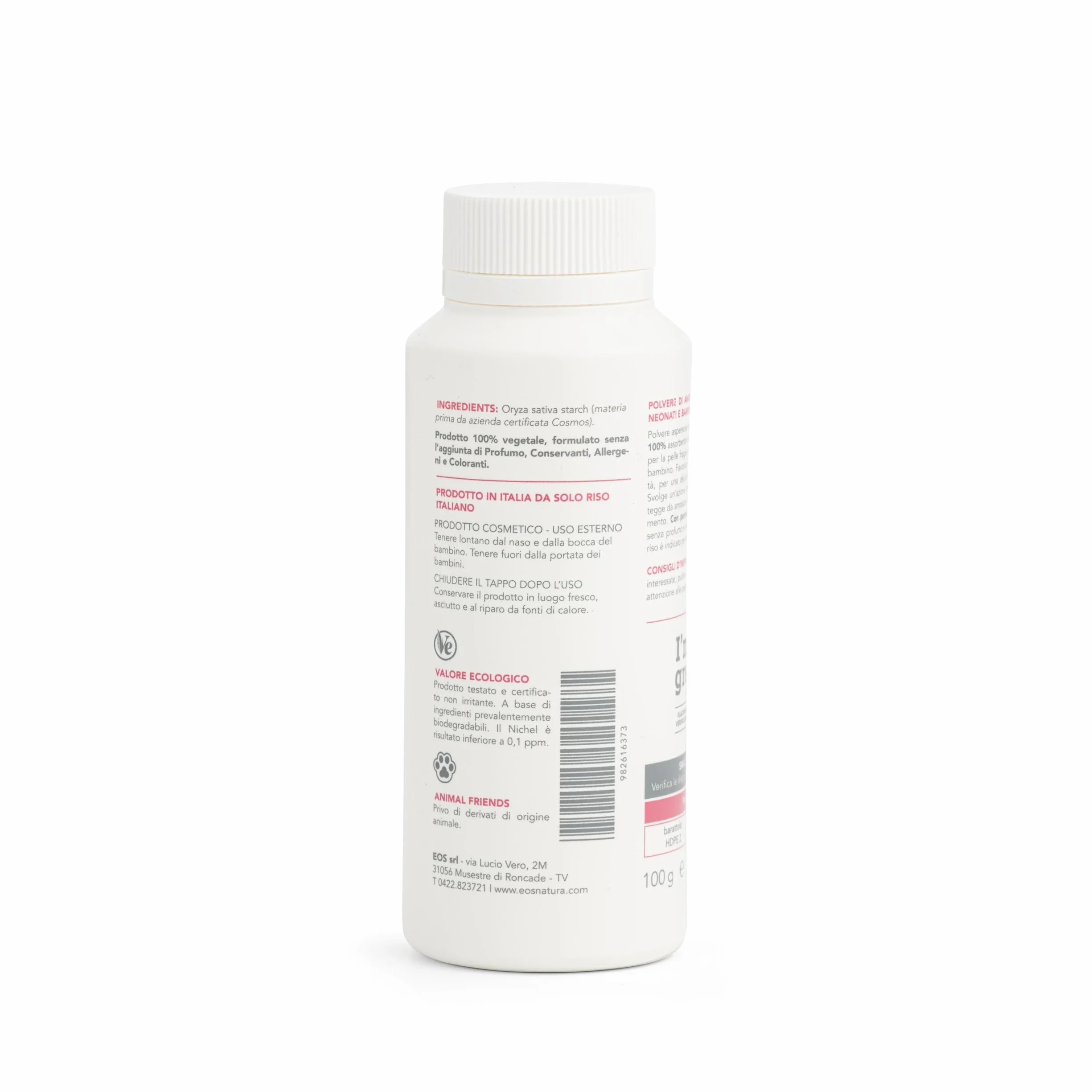 EOS NATURA Talco di Riso - Polvere di Amido di Riso Puro per Neonati e Bambini – Assorbente, Lenitiva – 100% Italiano - Il Mondo di Babu – 100 g