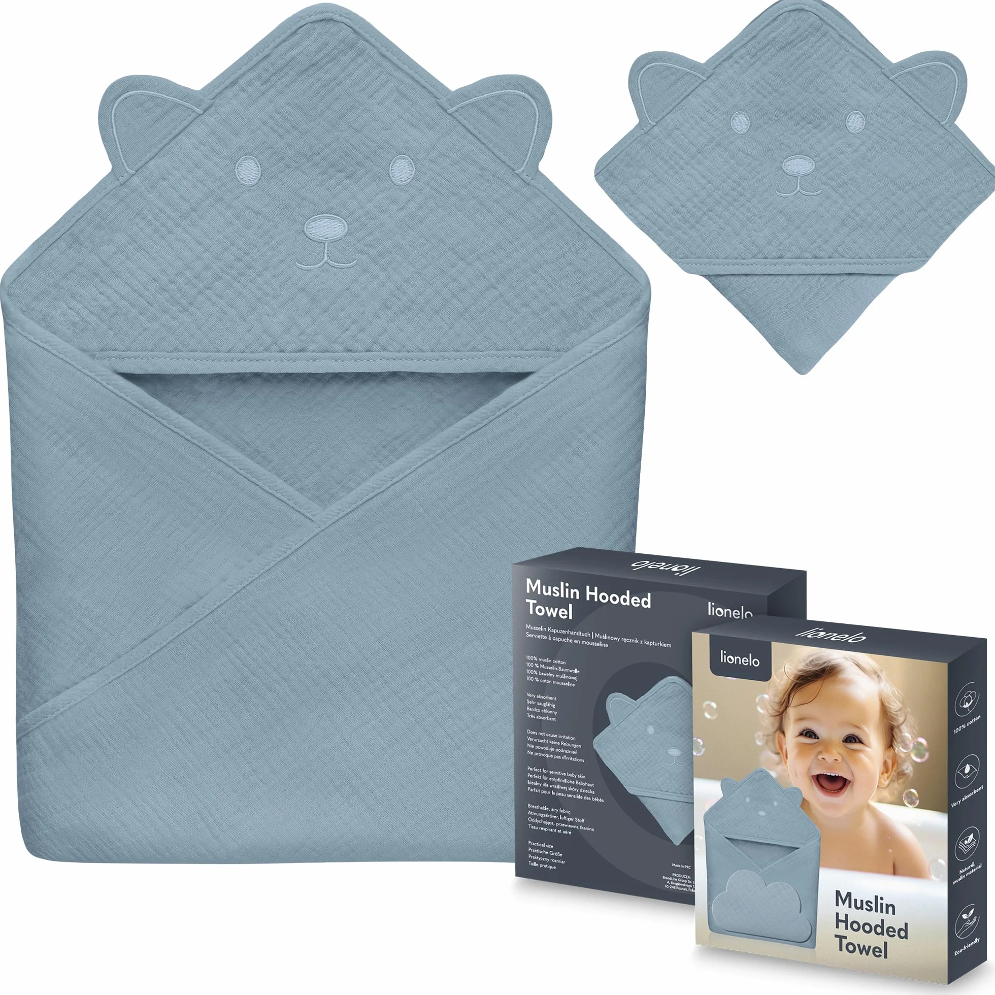 lionelo MUSLIN HOODED TOWEL Asciugamano con Cappuccio 80x80cm per neonato 100% Cotone Naturale Swaddle in Mussola dopo Bagnetto Mantella da Bagno Traspirante Morbida per Bambini (Blu, 80x80 cm)