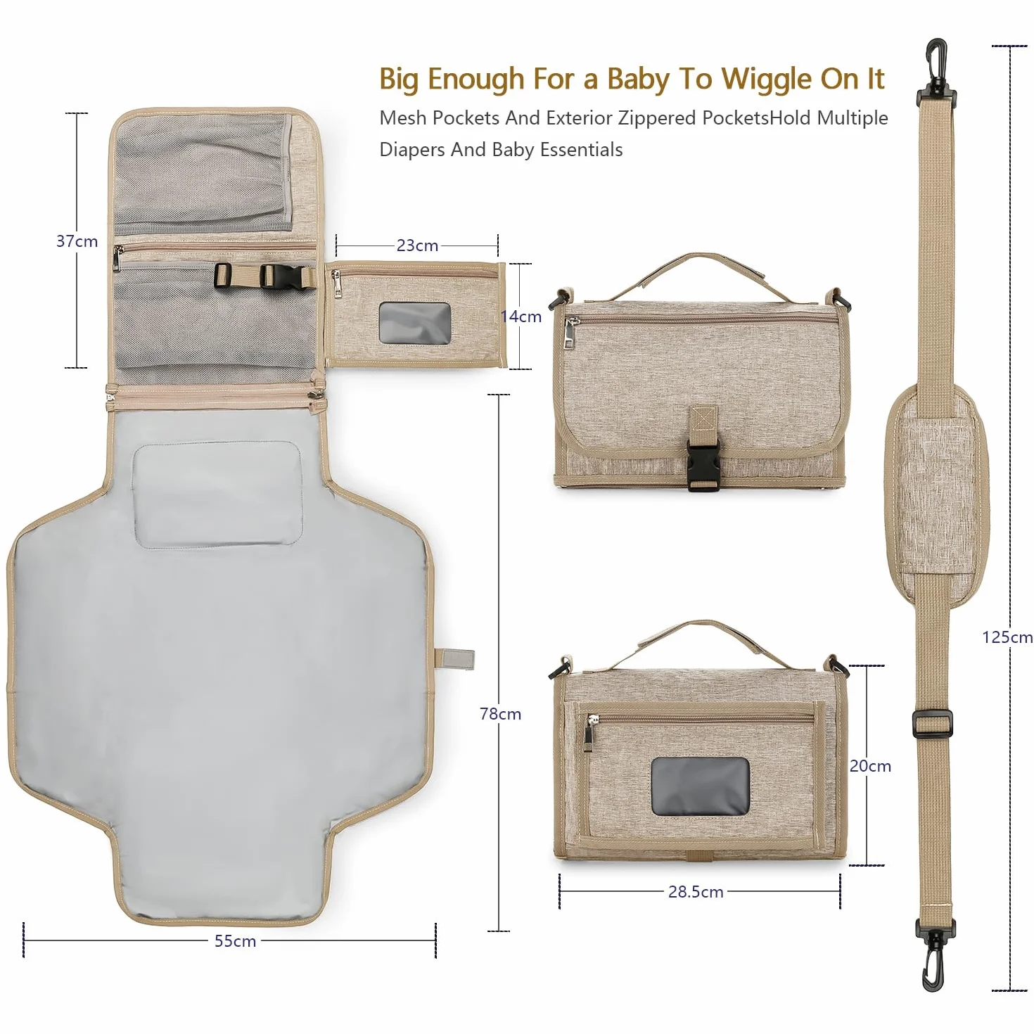 Bebamour Fasciatoio portatile con salviettine tascabili da viaggio con cuscino per la testa per neonati impermeabile pannolini fasciatoio essenziali per neonati,Khaki