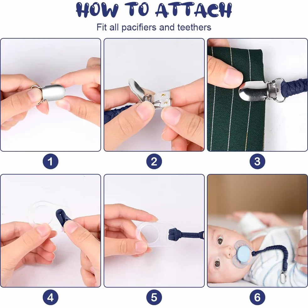 Aolso Catenella Portaciuccio, 4 Pezzi Catenella Ciuccio con 4 Pezzi Anello Adattatore Clip, Stile intrecciato Catena per Ciuccio in Cotone, per Regalo Nascita Battesimo Baby Compleanno Natale-marrone