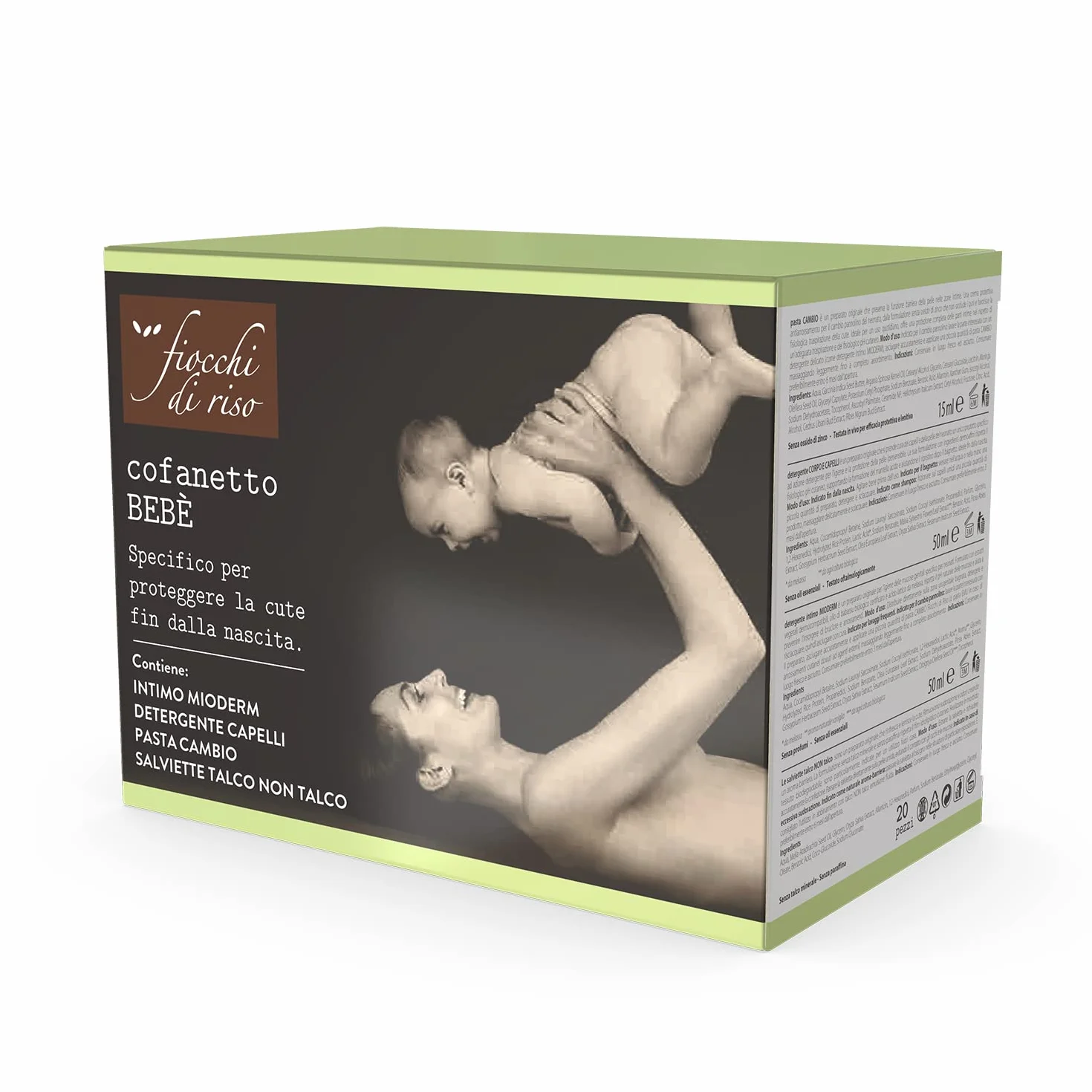 Fiocchi di Riso - COFANETTO BEBÈ - Kit da viaggio specifico per proteggere la cute fin dalla nascita: Detergente Intimo Mioderm, Pasta Cambio, Detergente Corpo e Capelli e Salviette Talco NON Talco.
