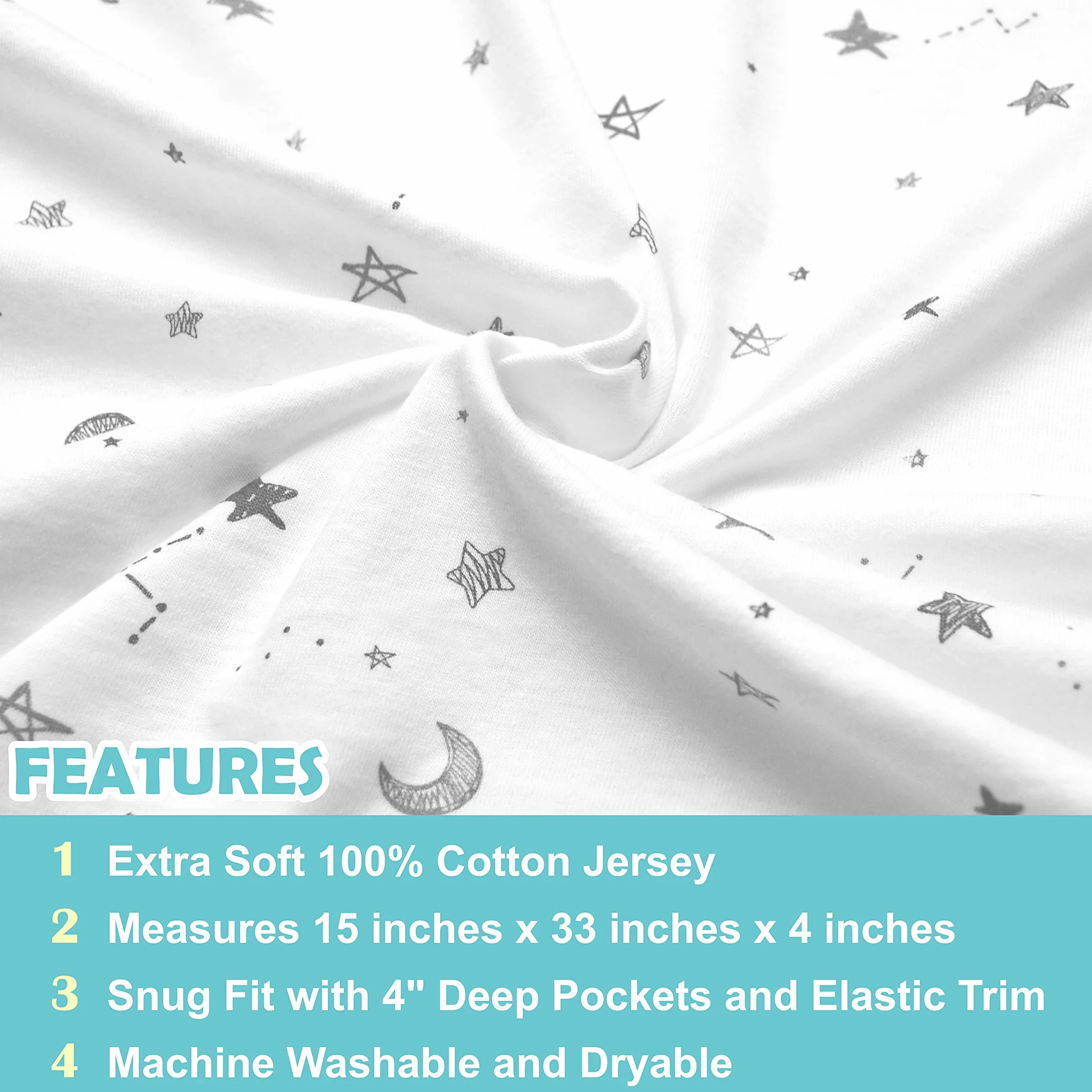 American Baby Company 100% cotone naturale jersey di alta qualità, lenzuolo con angoli grigi, stella e luna, morbido traspirante, per ragazzi e ragazze