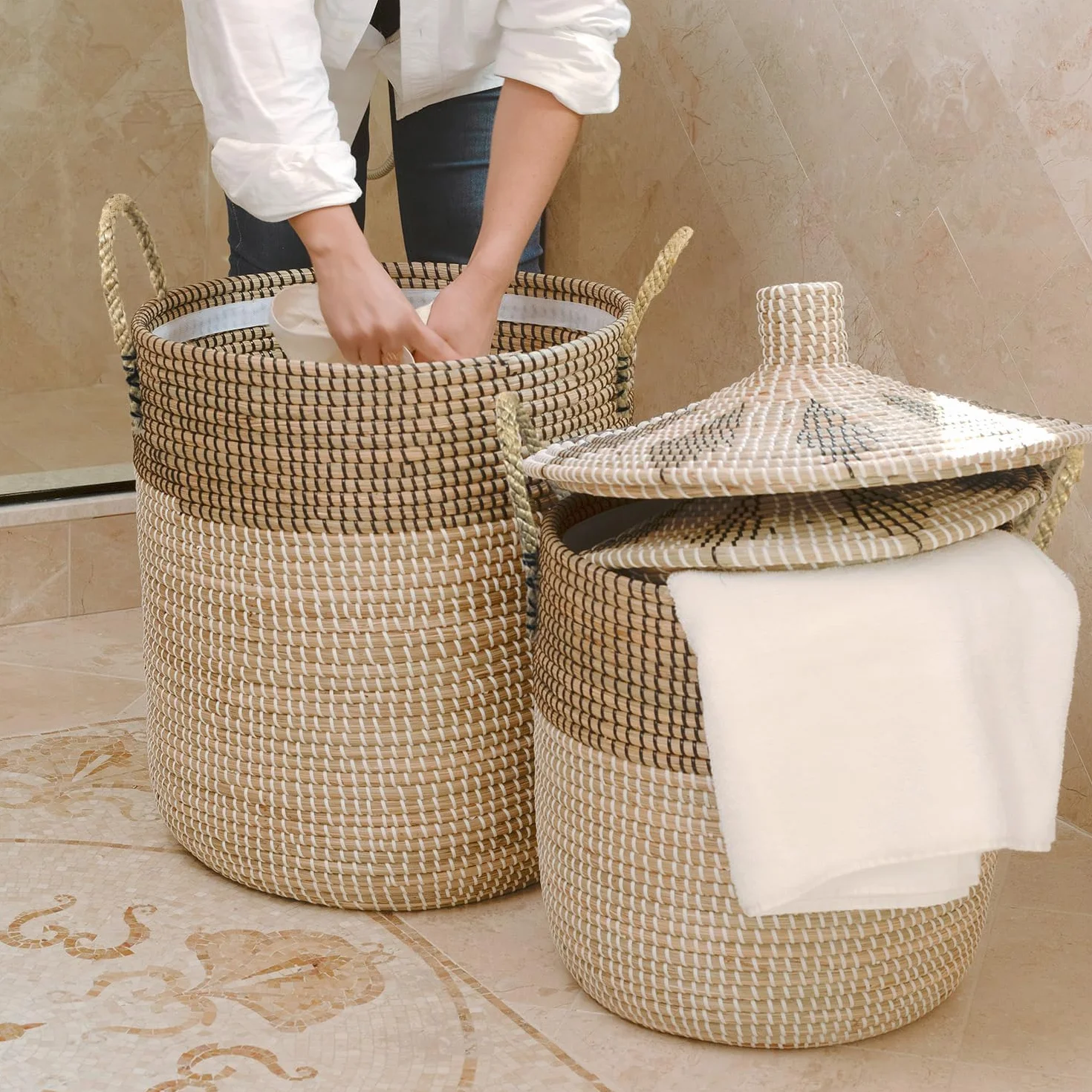 3 Pz 76L+43L+26L Set di Cestini per la Biancheria con Coperchio e Sacchetti Interni, Cesto Intrecciato, Fatto a Mano, Cesto Portaoggetti con Manici in Salice per Bagno o Cameretta dei Bambini, per