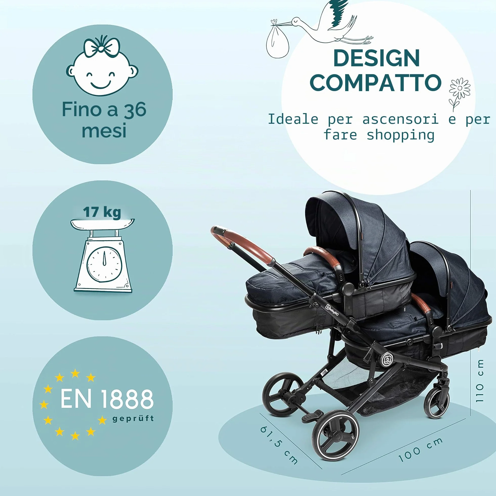 babyGO Passeggino gemellare 3 in 1 per gemelli, passeggino gemellare, per 2 bambini, con molti accessori, colore: grigio antracite melange-senza navicella