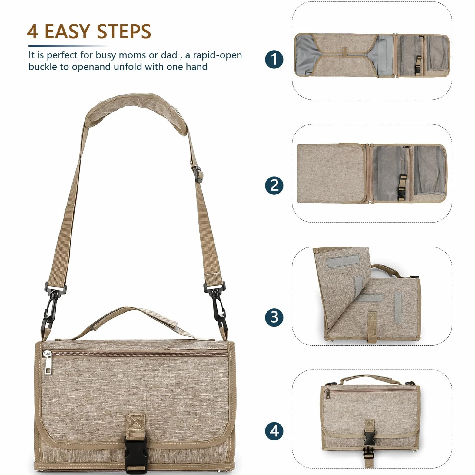 Bebamour Fasciatoio portatile con salviettine tascabili da viaggio con cuscino per la testa per neonati impermeabile pannolini fasciatoio essenziali per neonati,Khaki